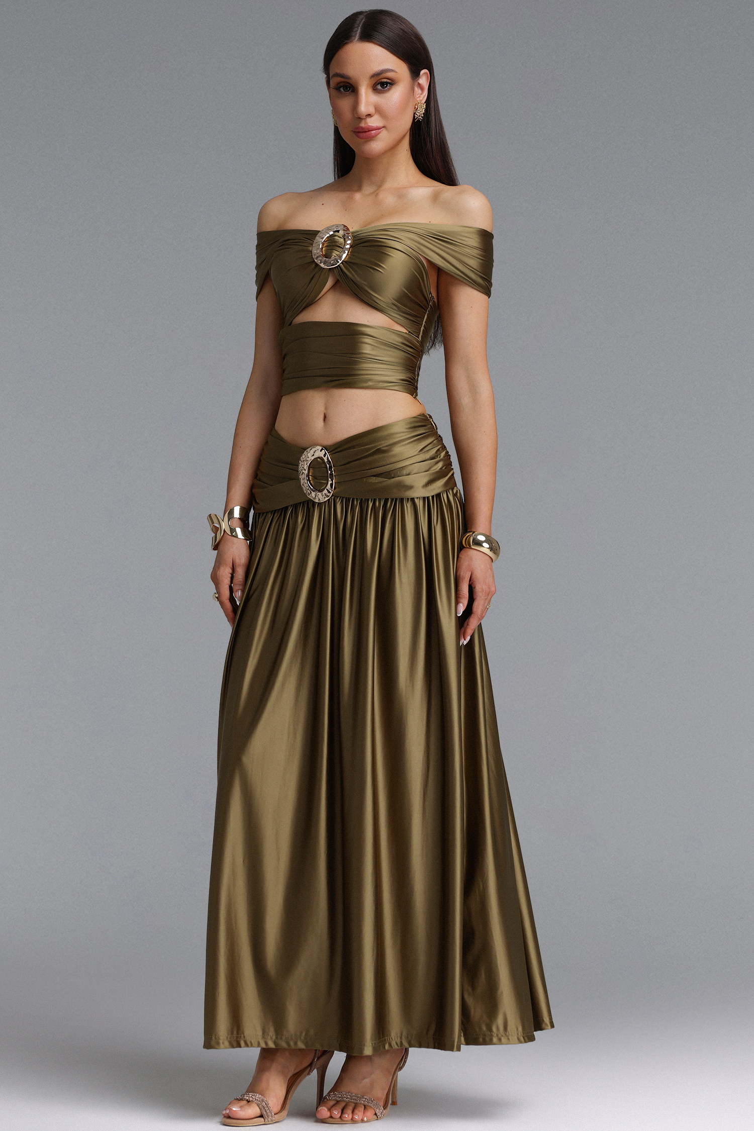 Elaina Sexy Contour Metallic Decor Off Shoulder Top Draped Ruched Midi Skirt Two Piece Set