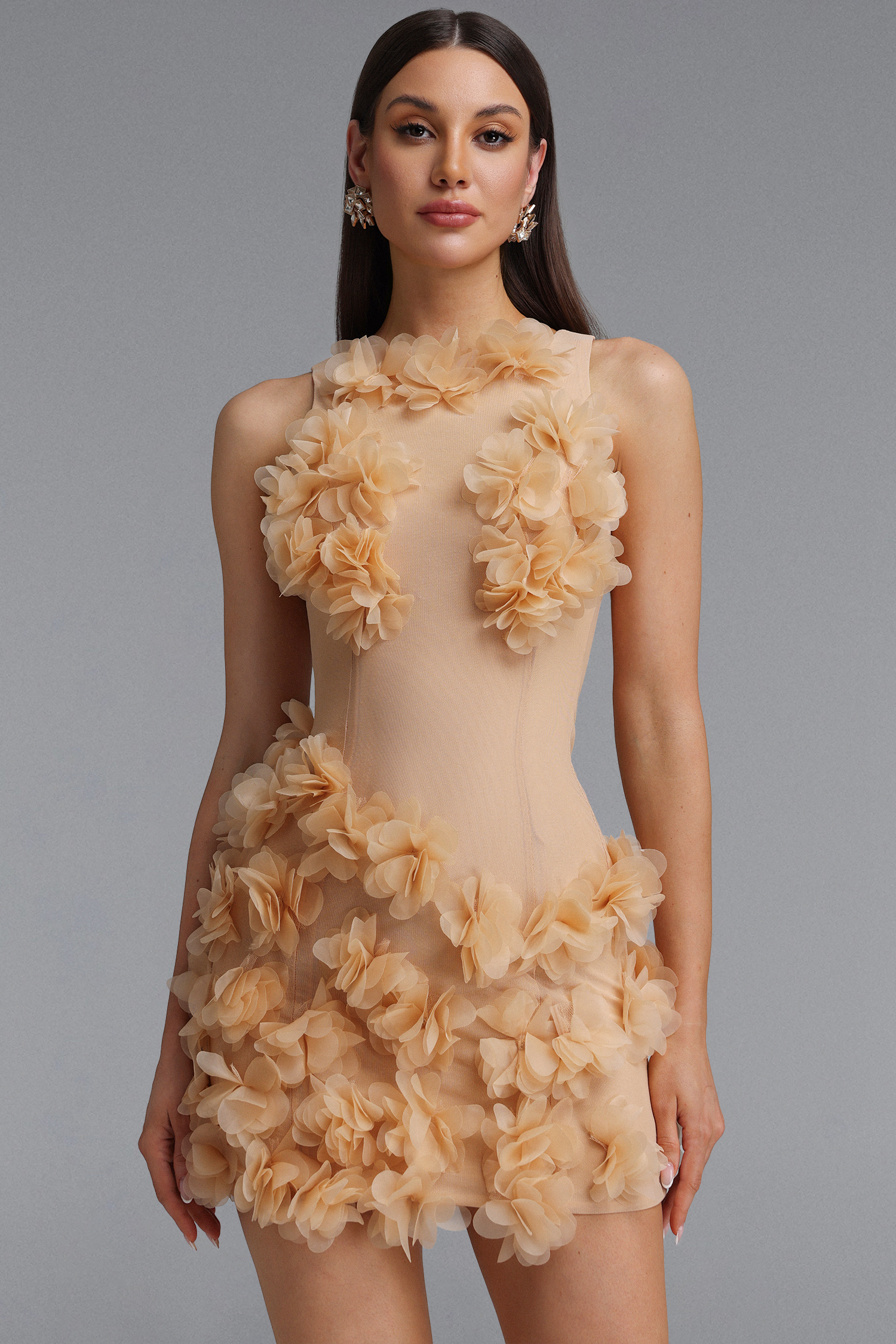 Vanya Elegant Skin-brightening Halter Floral Bodycon Apricot Mini Dress