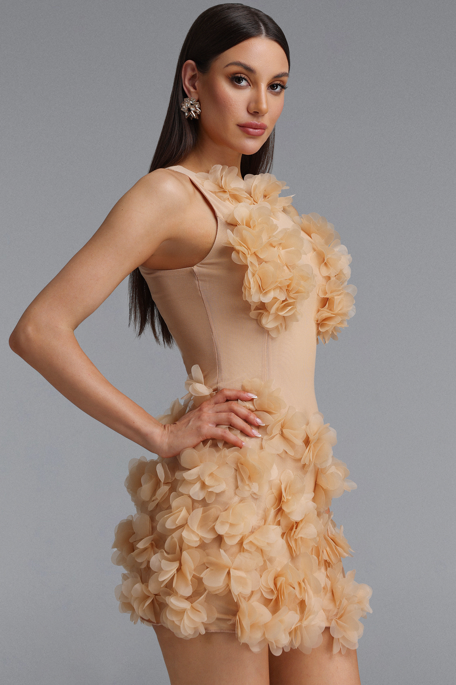 Vanya Elegant Skin-brightening Halter Floral Bodycon Apricot Mini Dress