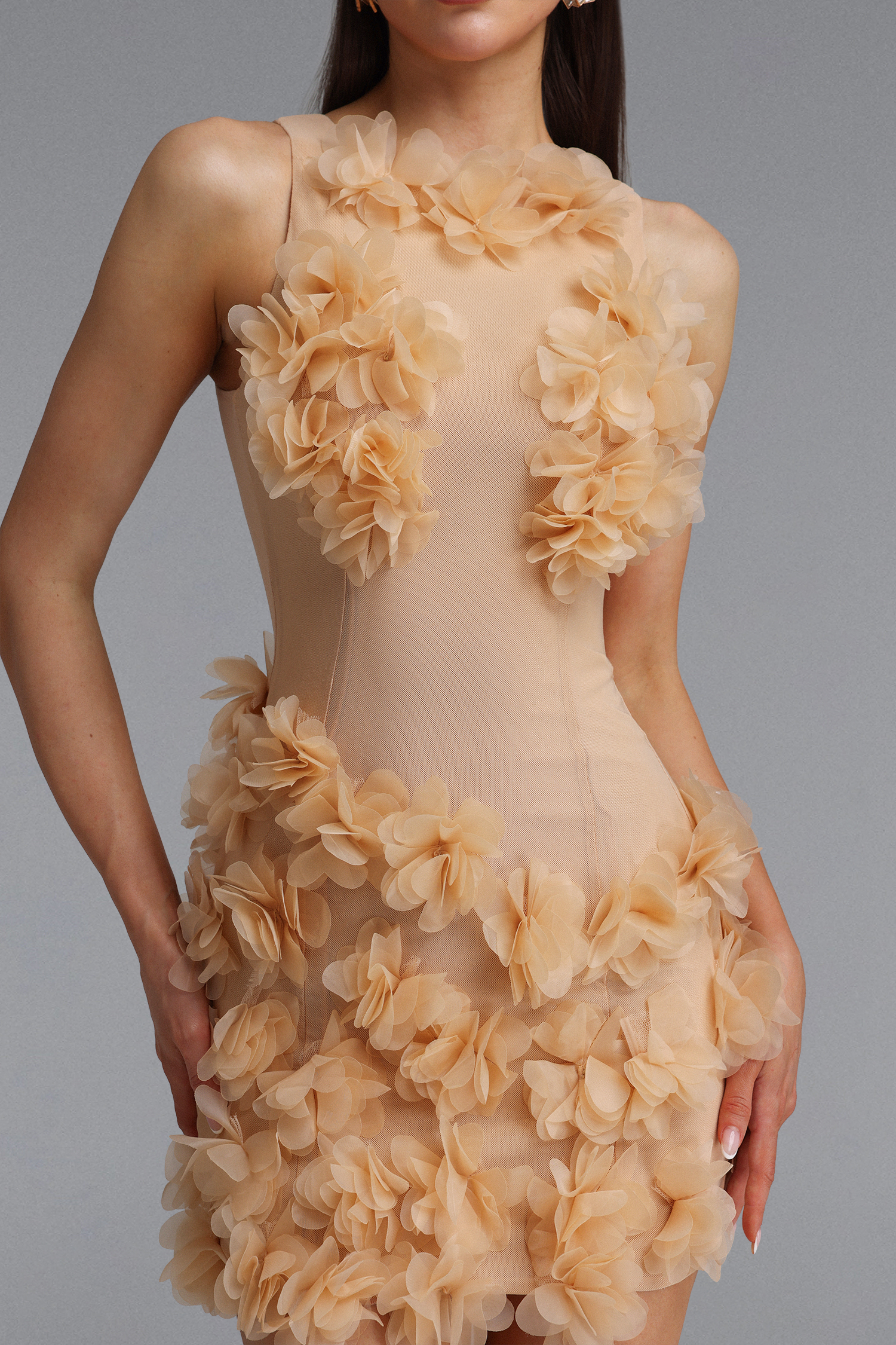 Vanya Elegant Skin-brightening Halter Floral Bodycon Apricot Mini Dress