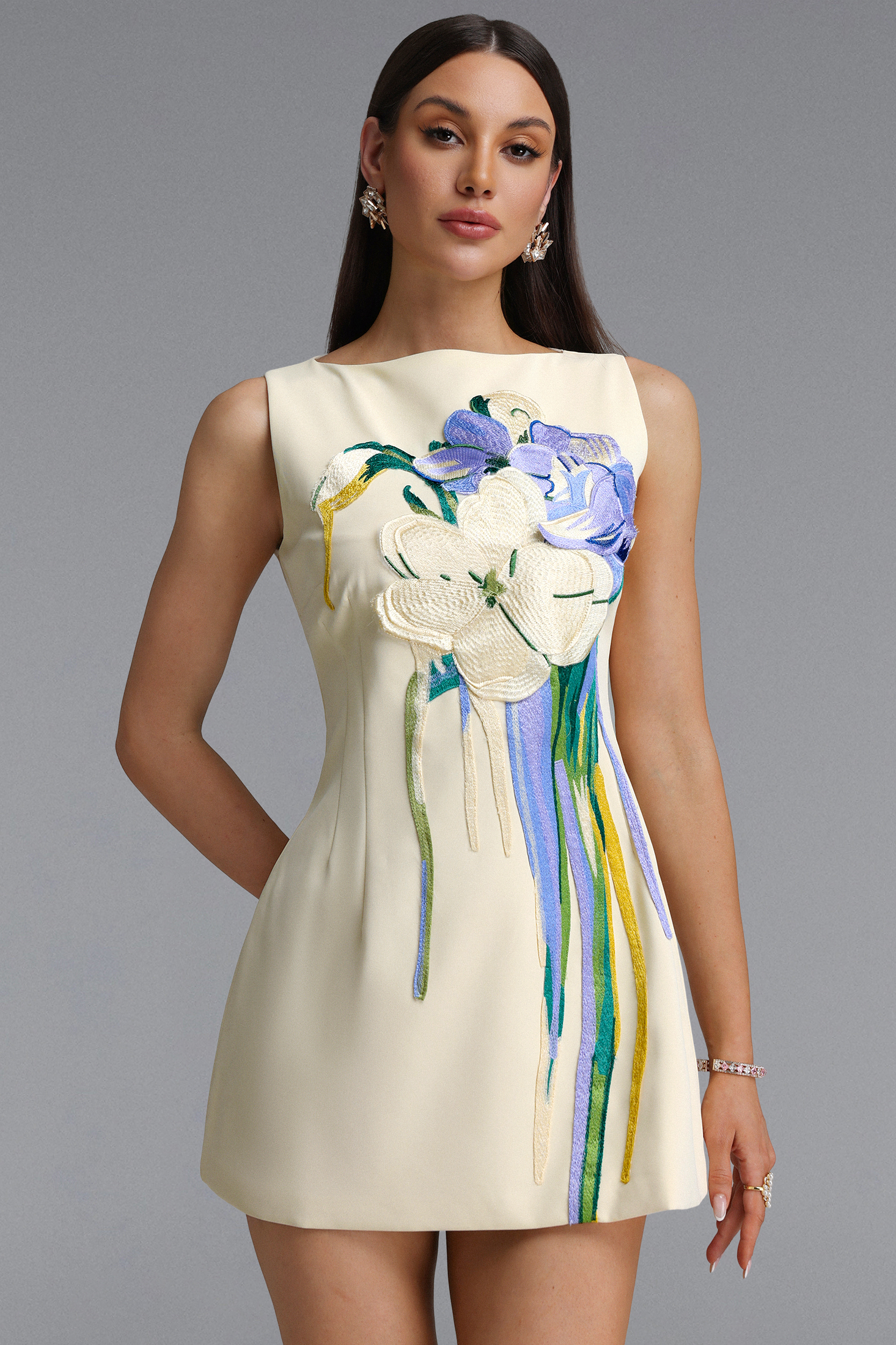 Rotte Elegant Contour Floral Embroidery A Line Woven Mini Dress