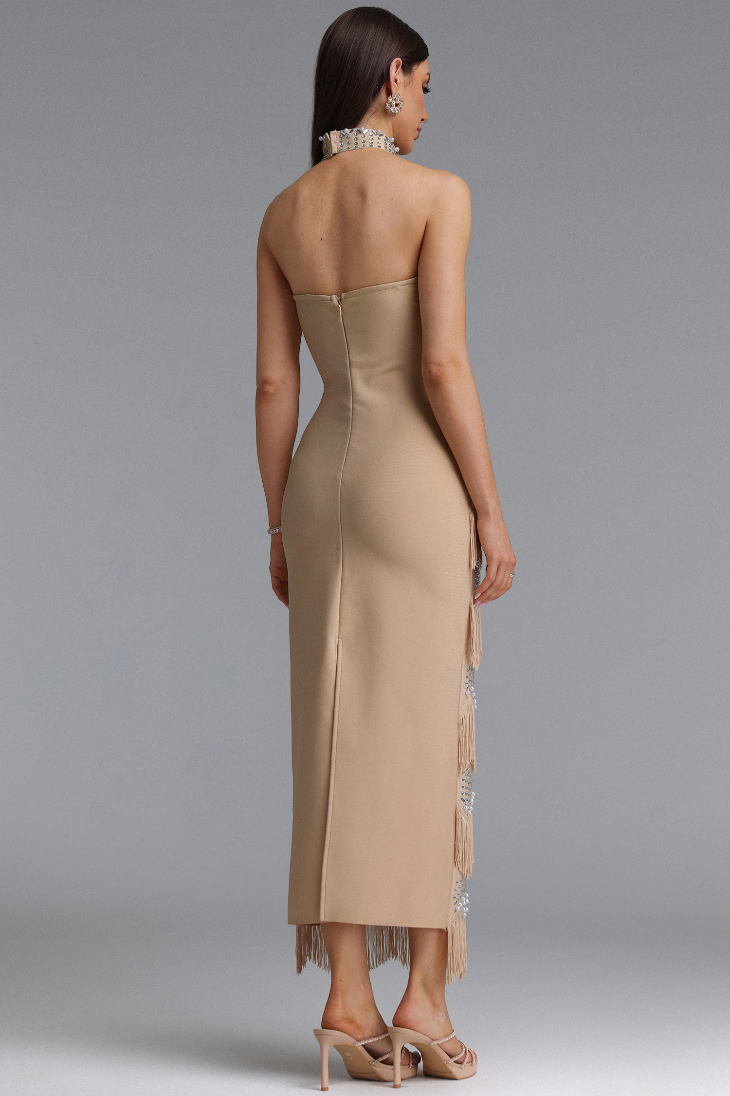 Pelze Glamorous Contour Strapless Tassel Rhinestone Bandage Maxi Dress