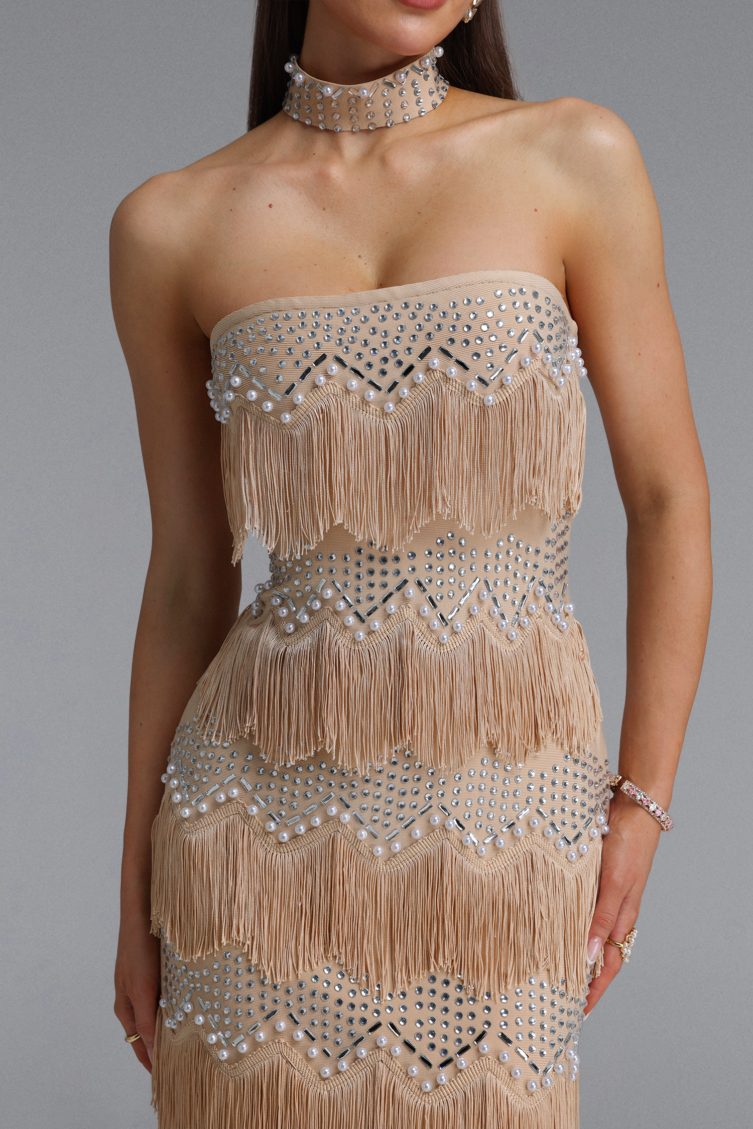 Pelze Glamorous Contour Strapless Tassel Rhinestone Bandage Maxi Dress