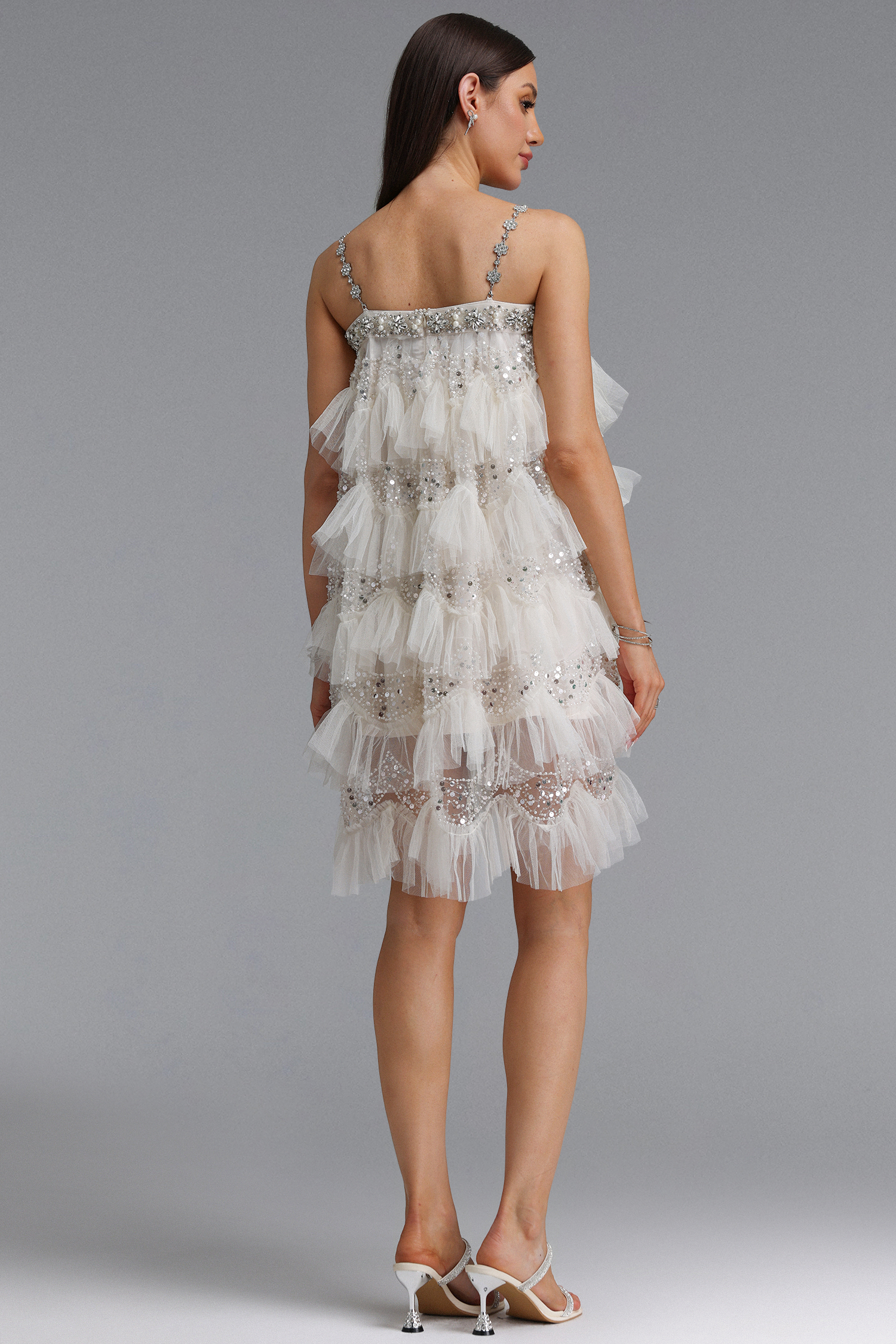 Umeko Elegant Flowy Ruffle Rhinestone Camisole Sequin Mini Dress