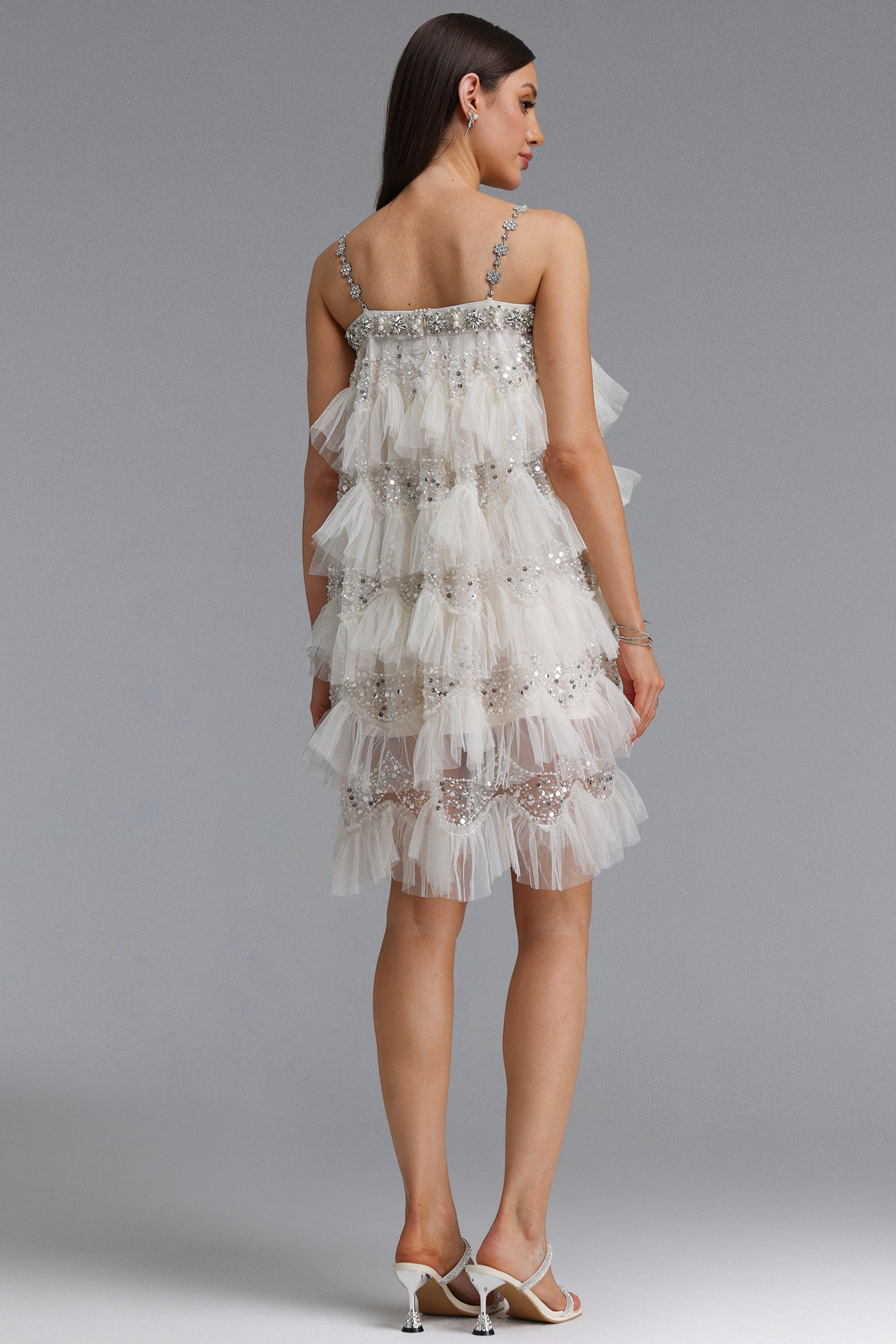 Umeko Elegant Flowy Ruffle Rhinestone Camisole Sequin Mini Dress