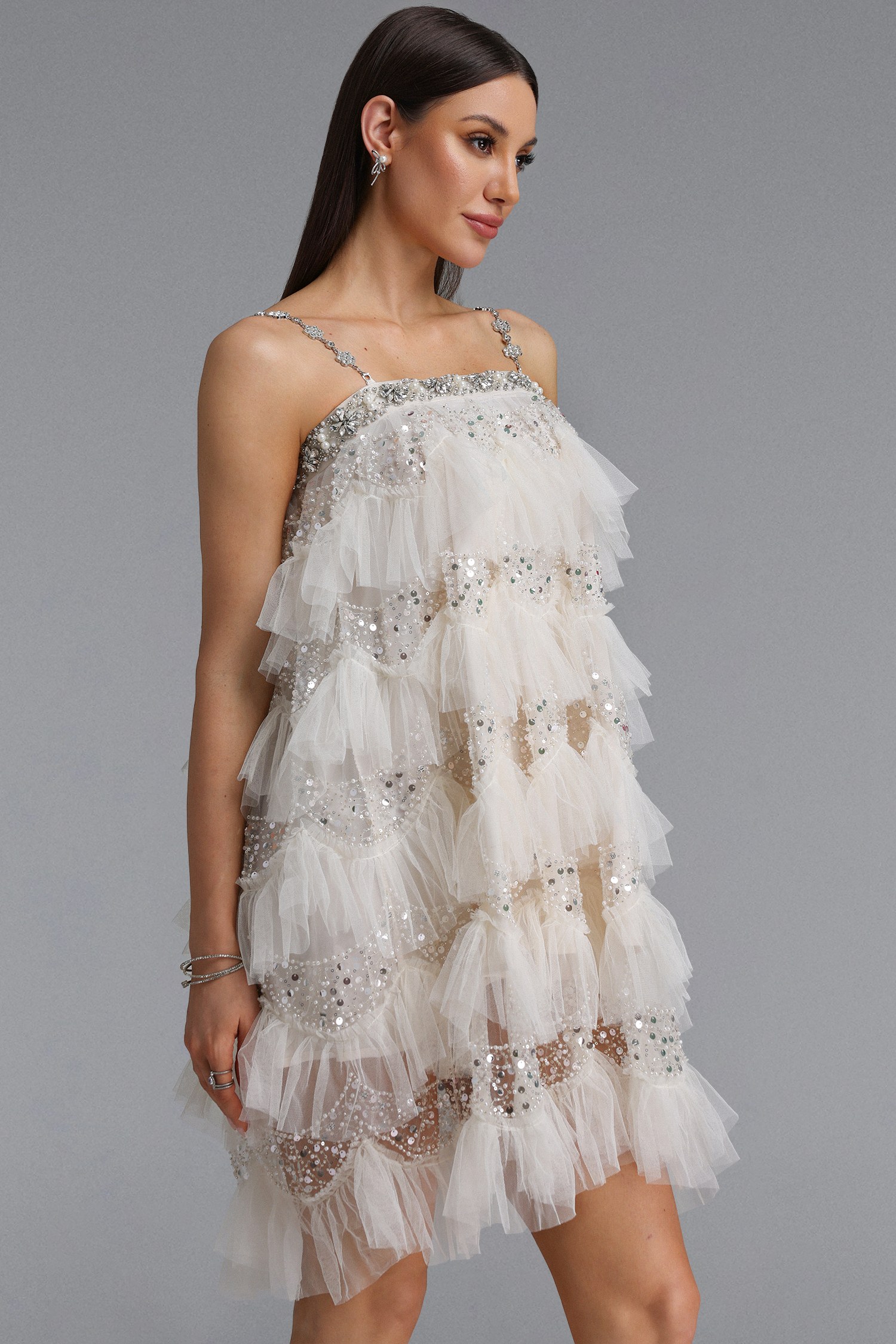 Umeko Elegant Flowy Ruffle Rhinestone Camisole Sequin Mini Dress