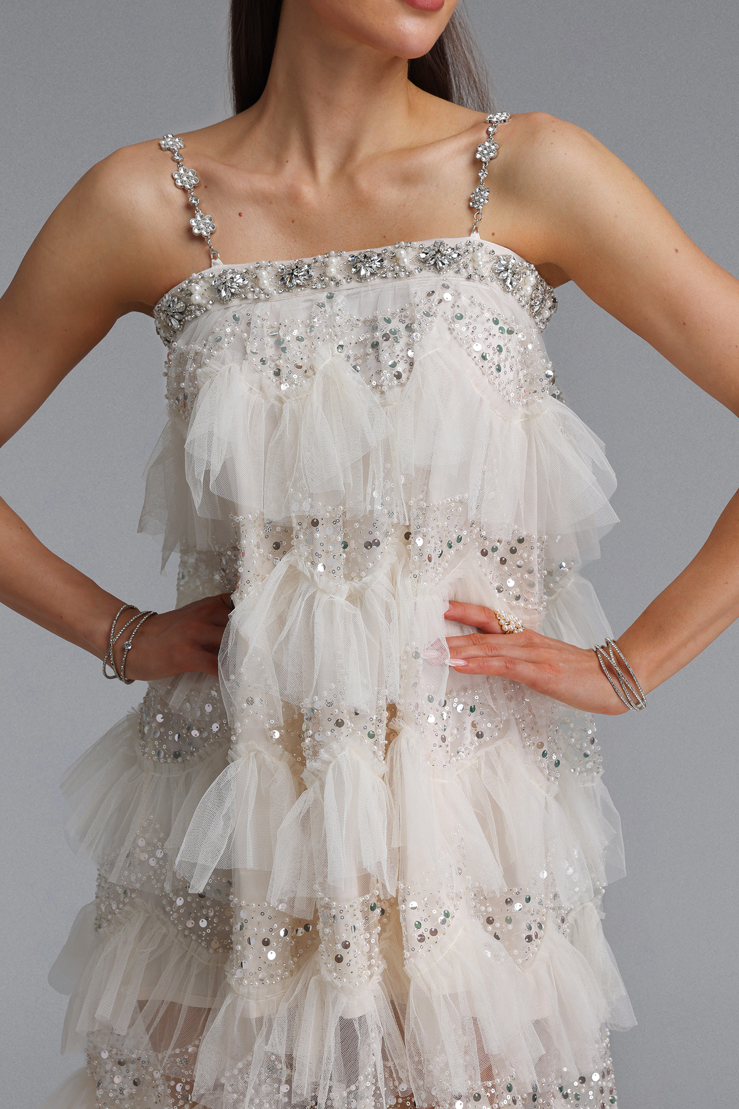 Umeko Elegant Flowy Ruffle Rhinestone Camisole Sequin Mini Dress