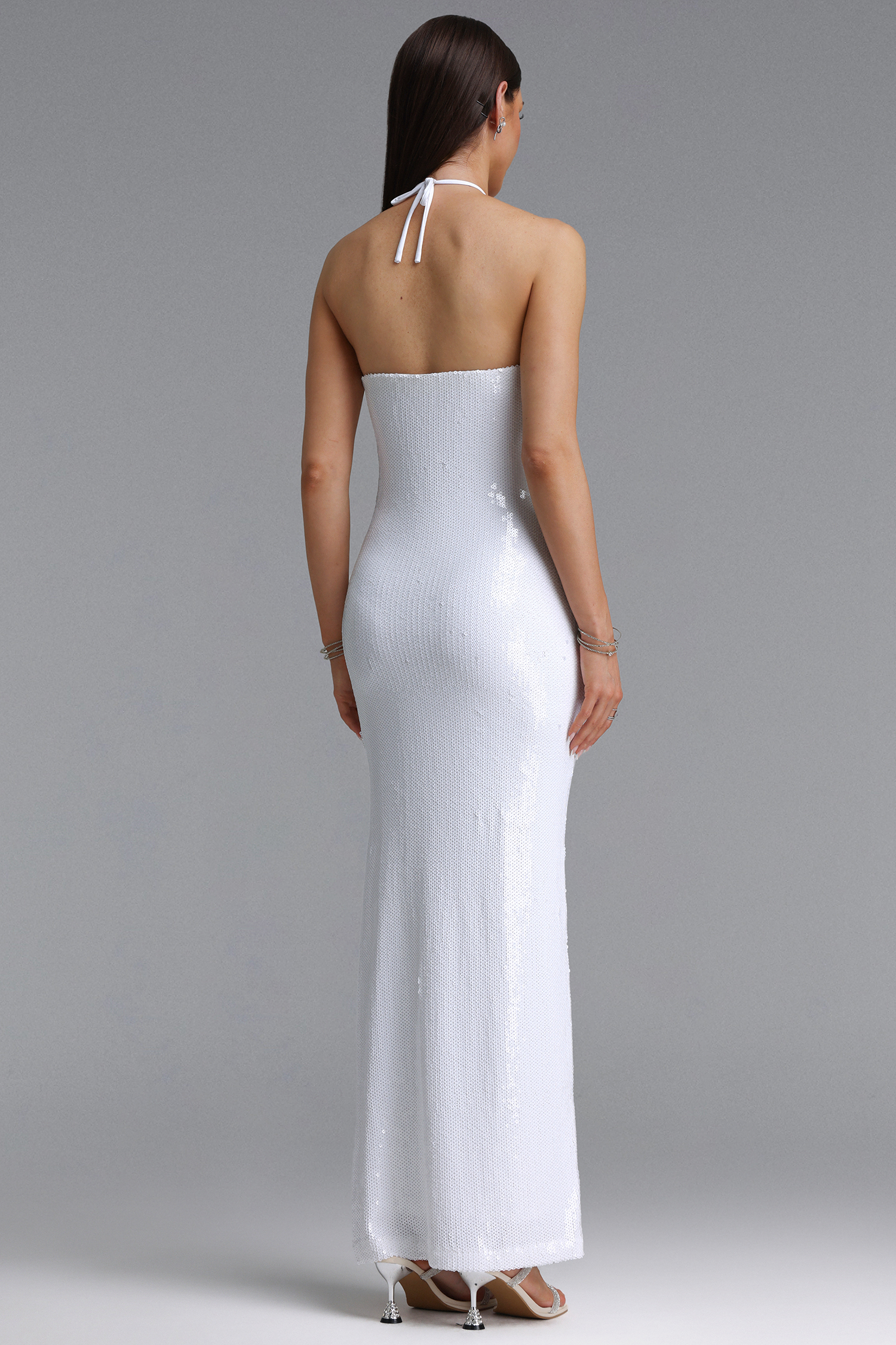 Winry Elegant Contour Halter Floral Sequin Woven Maxi Dress