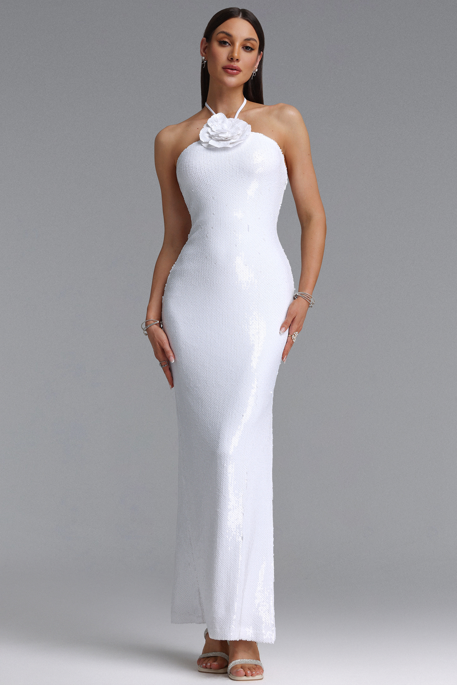 Winry Elegant Contour Halter Floral Sequin Woven Maxi Dress