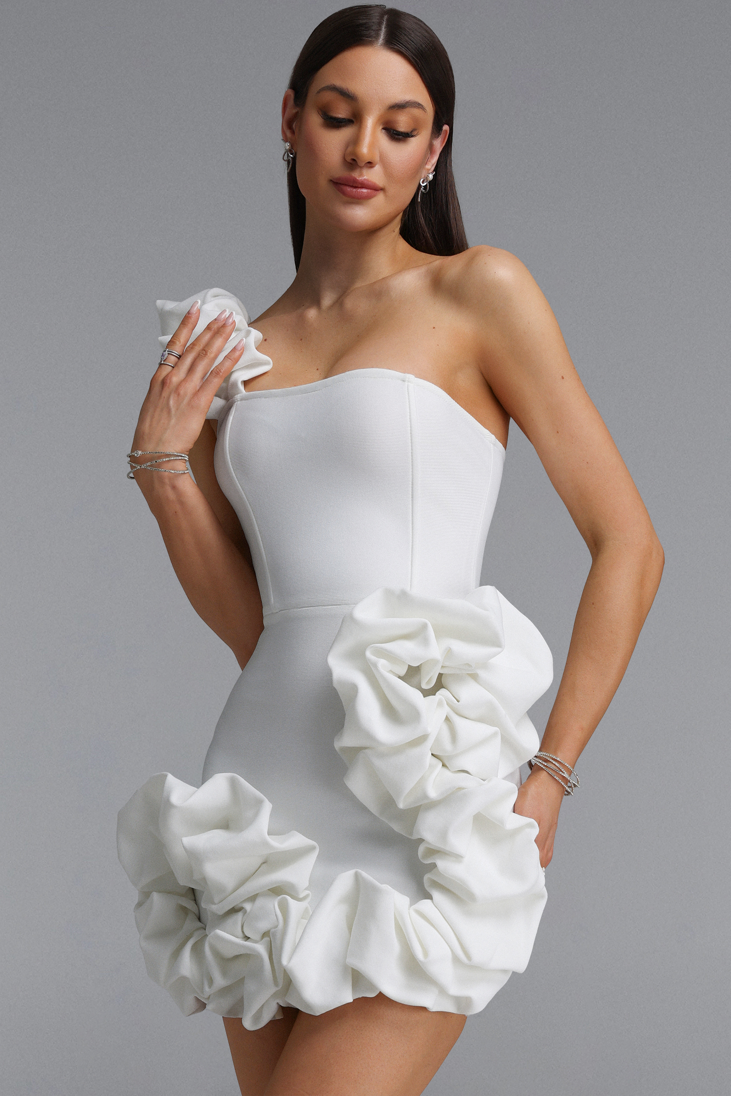 Razeh Elegant Contour One Shoulder Ruffle Detail Bandage Mini Dress