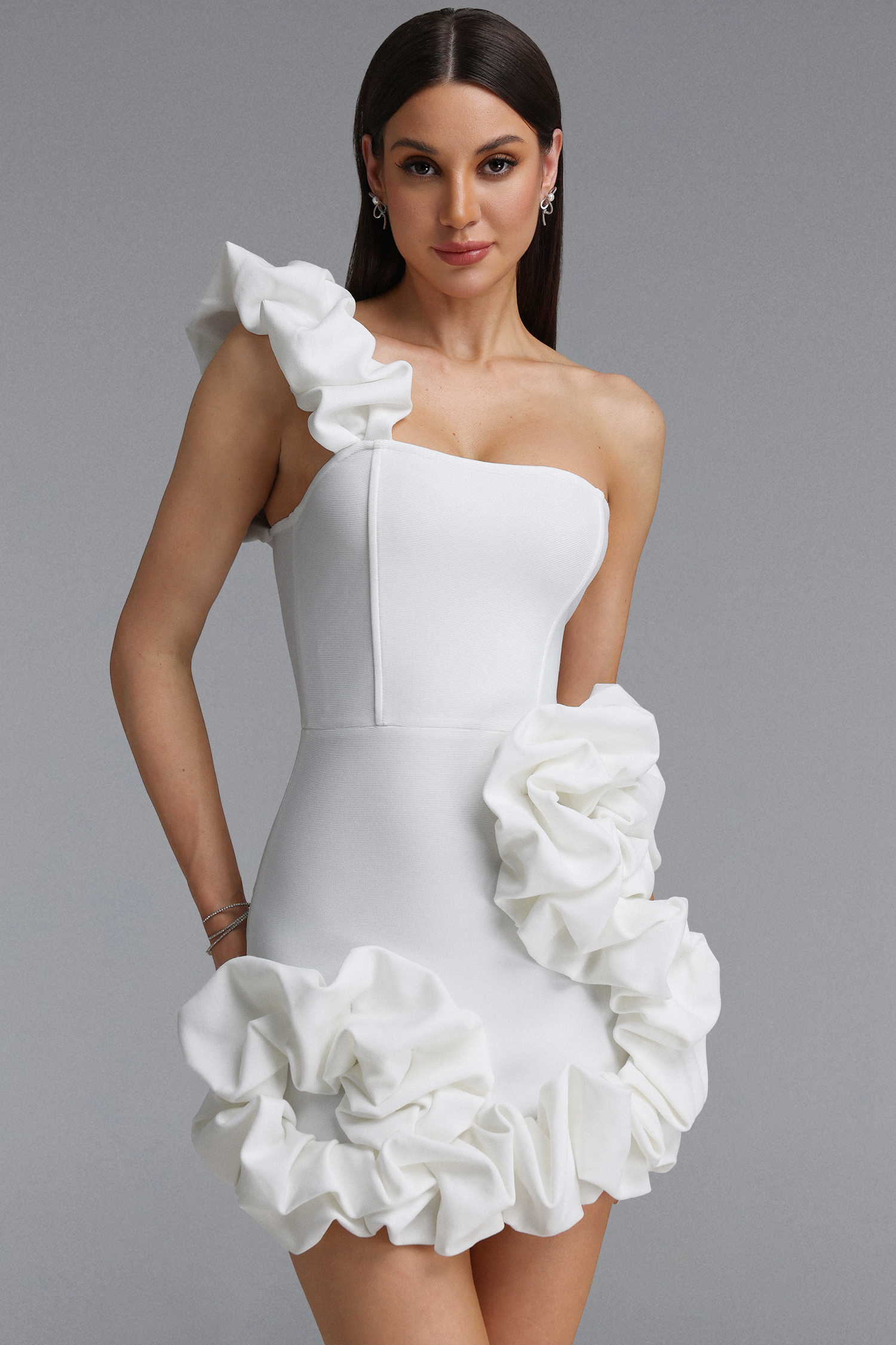 Razeh Elegant Contour One Shoulder Ruffle Detail Bandage Mini Dress