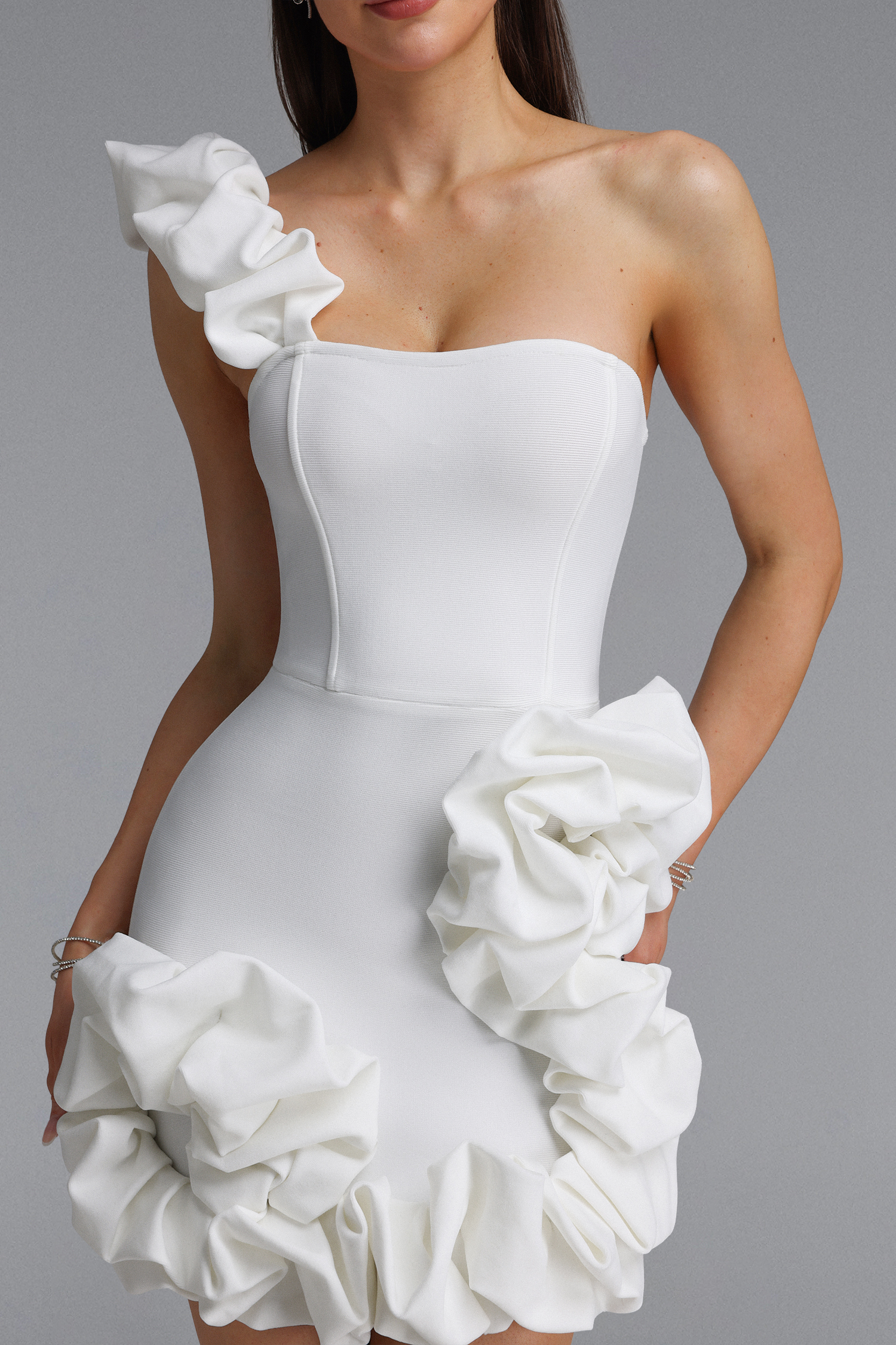 Razeh Elegant Contour One Shoulder Ruffle Detail Bandage Mini Dress