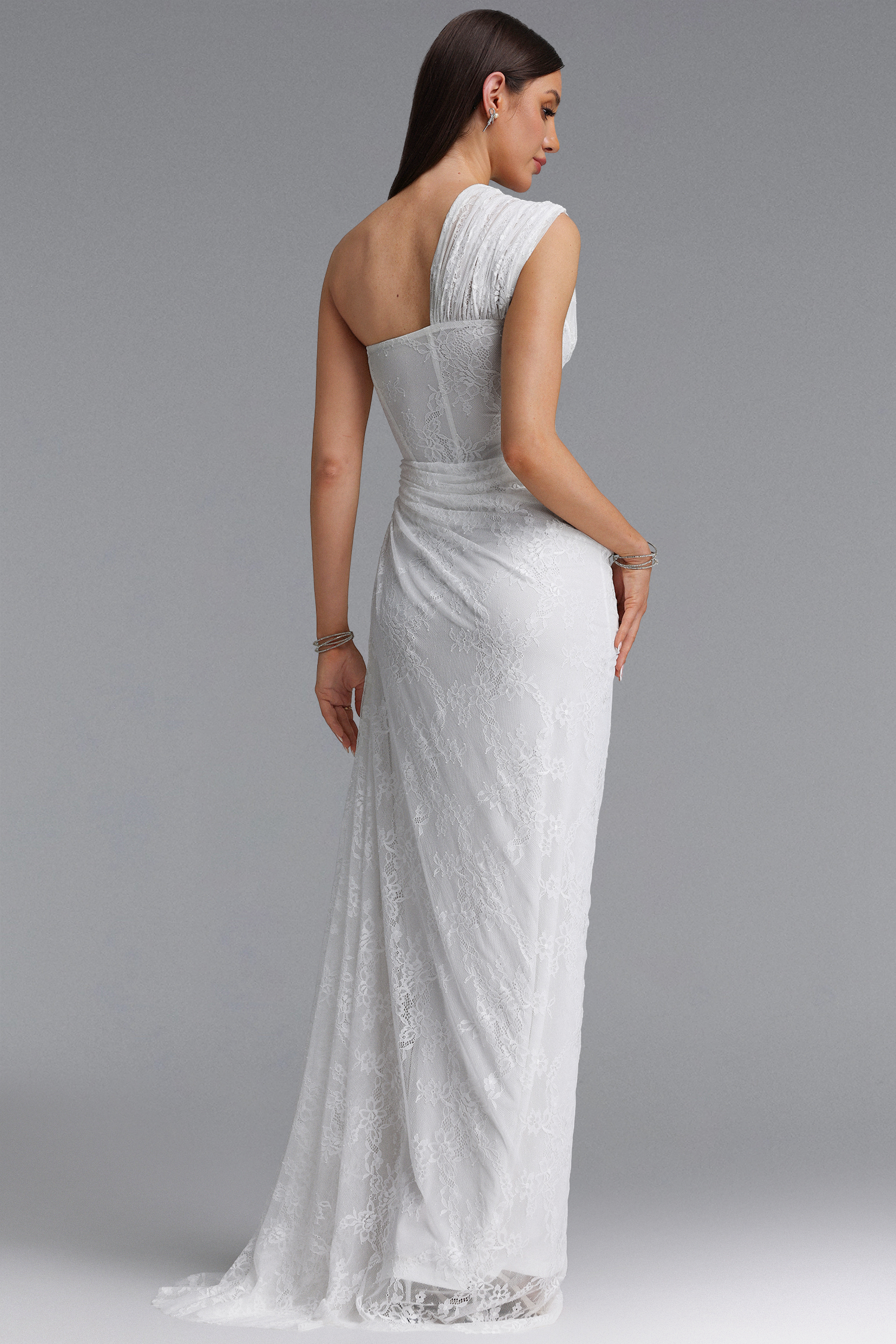 Finch Romantic Contour Sleeveless Ruched Lace Knit White Maxi Dress