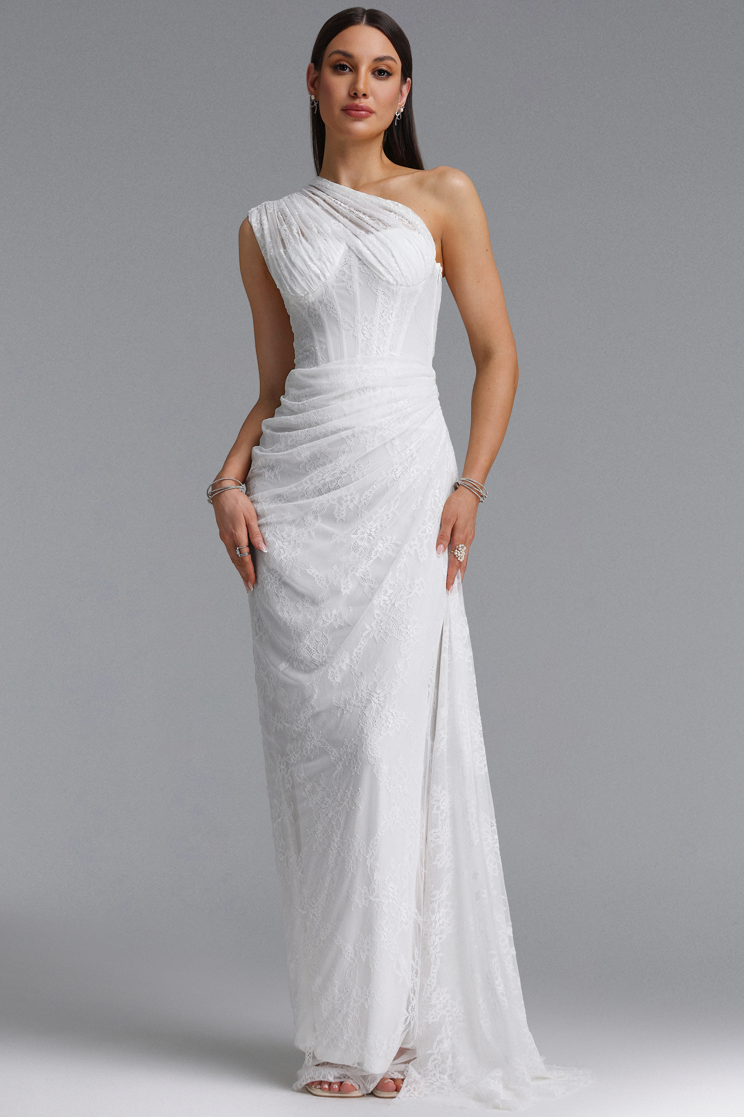 Finch Romantic Contour Sleeveless Ruched Lace Knit White Maxi Dress