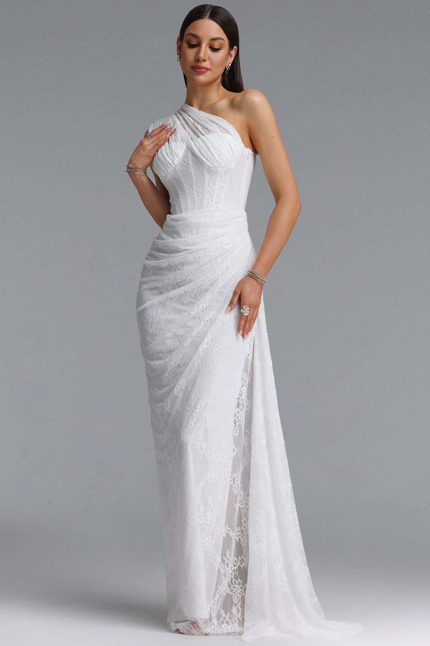 Finch Romantic Contour Sleeveless Ruched Lace Knit White Maxi Dress