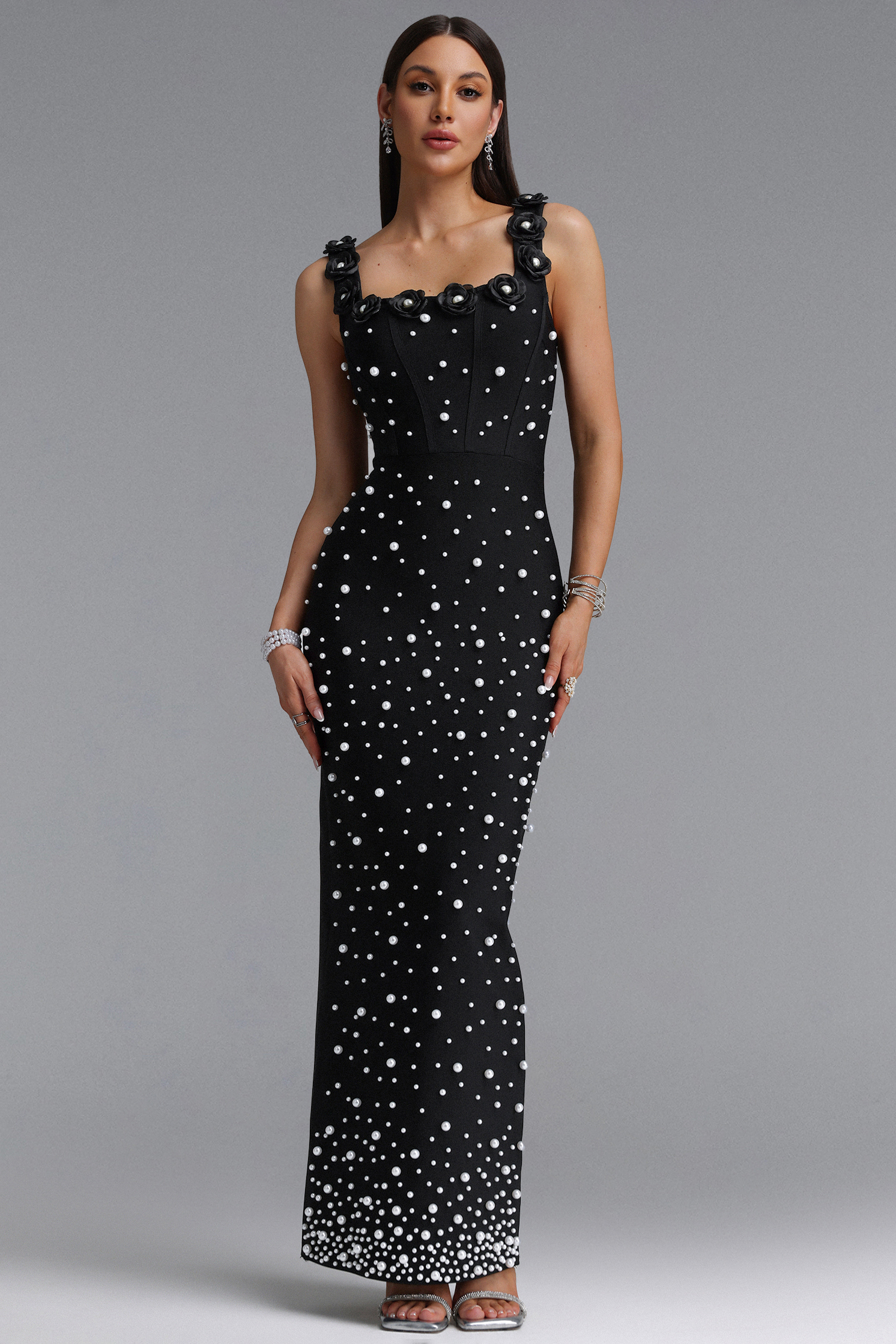 Shea Elegant Contour Square Neck Floral Pearl Black Bandage Maxi Dress