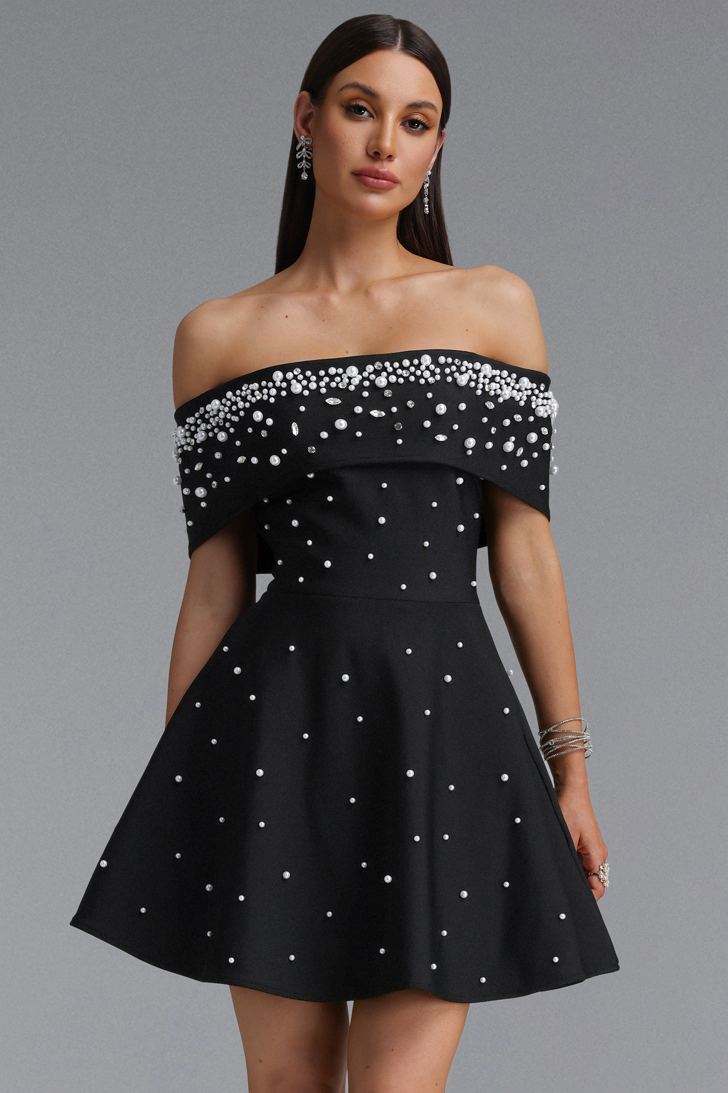 Kawayi Elegant Fitted Off Shoulder Pearl A-line Mini Bandage Dress