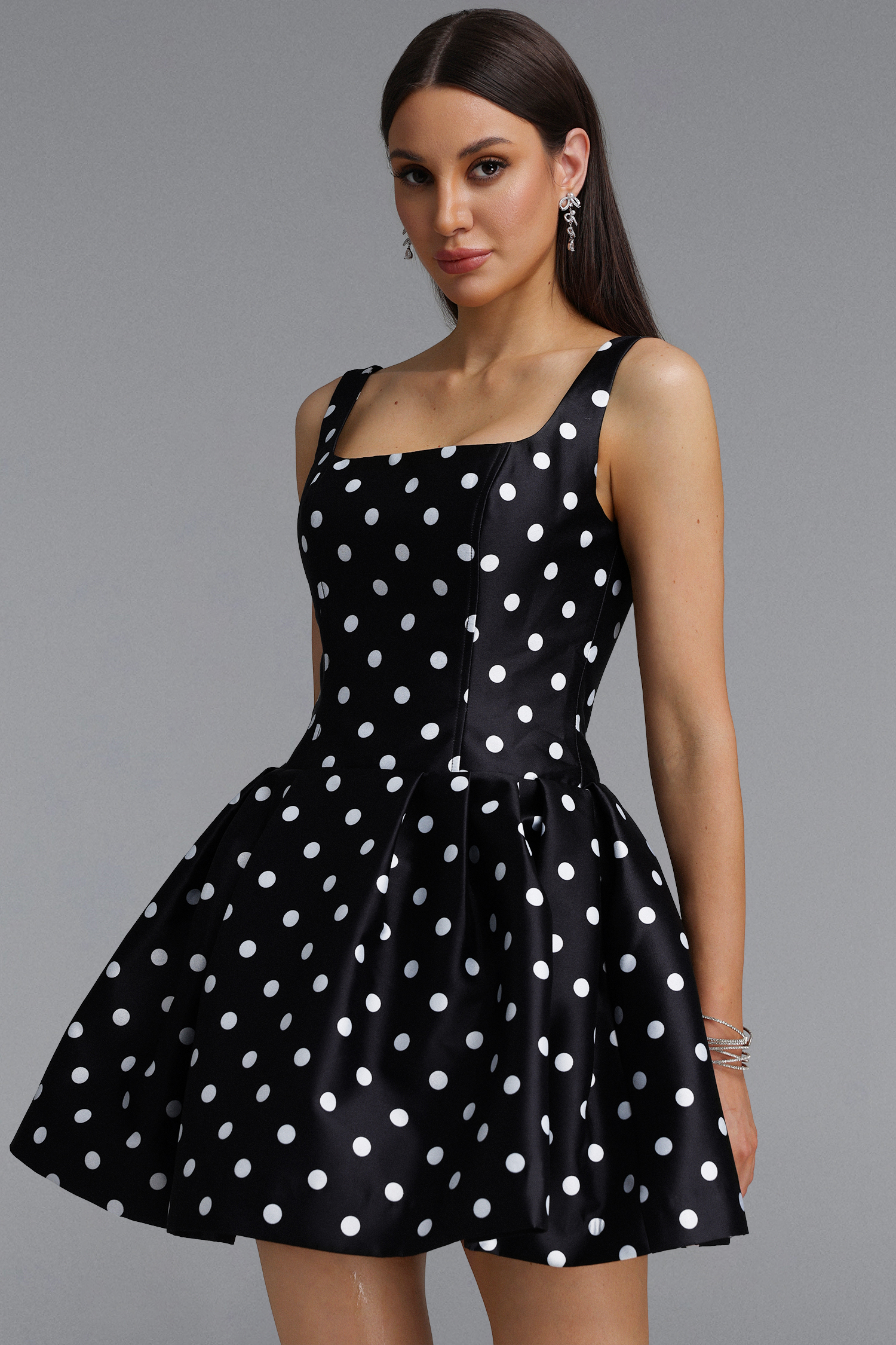 Simone Classic Tailored Square Neck Polka Dot Woven Black Mini Dress