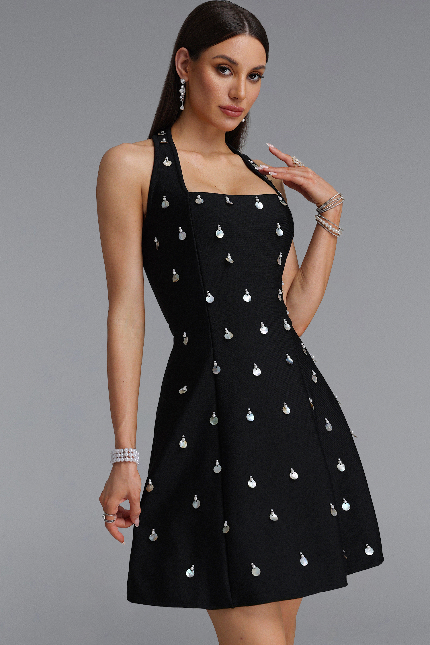 Dotte Exquisite Cinched Waist Halter Shell Decor A Line Black Bandage Mini Dress