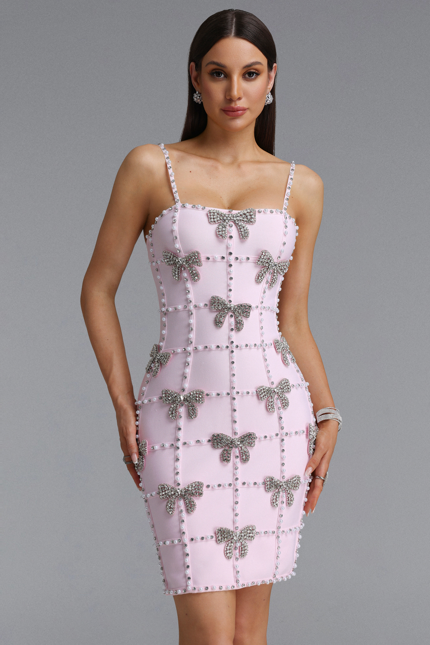Zem Glamorous Contour Sleeveless Bow Rhinestone Pink Bandage Mini Dress