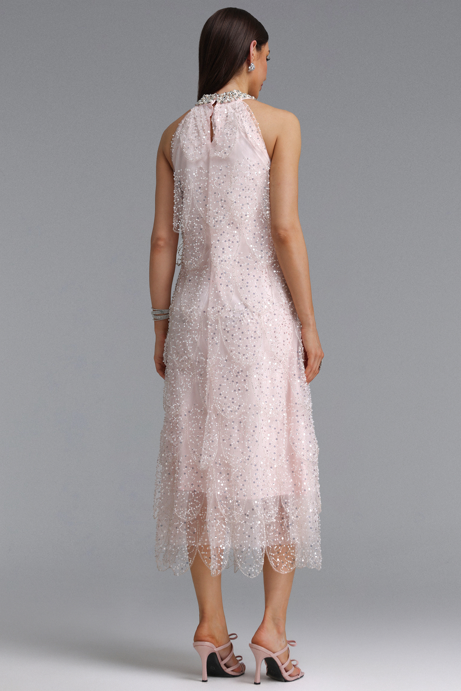 Montigo Exquisite Youthful Sleeveless Layered Rhinestone Sequin Embroidery Tulle Maxi Dress