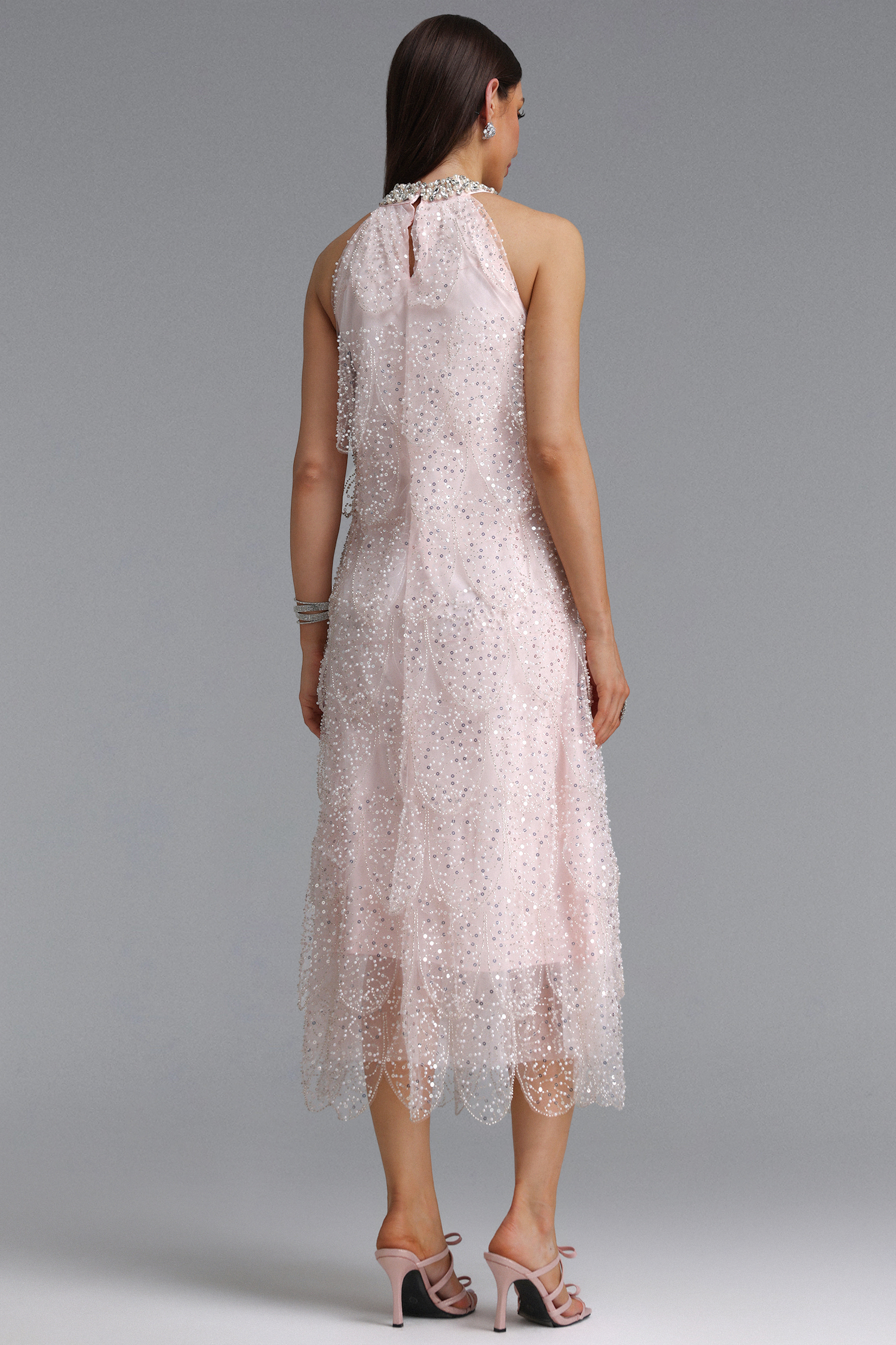 Montigo Exquisite Youthful Sleeveless Layered Rhinestone Sequin Embroidery Tulle Maxi Dress