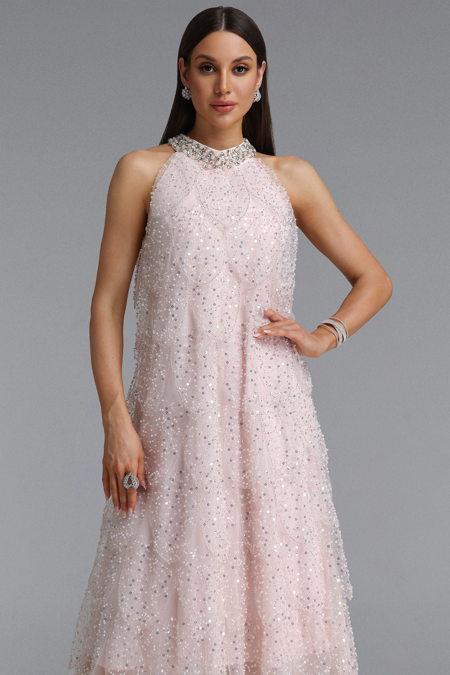 Montigo Exquisite Youthful Sleeveless Layered Rhinestone Sequin Embroidery Tulle Maxi Dress