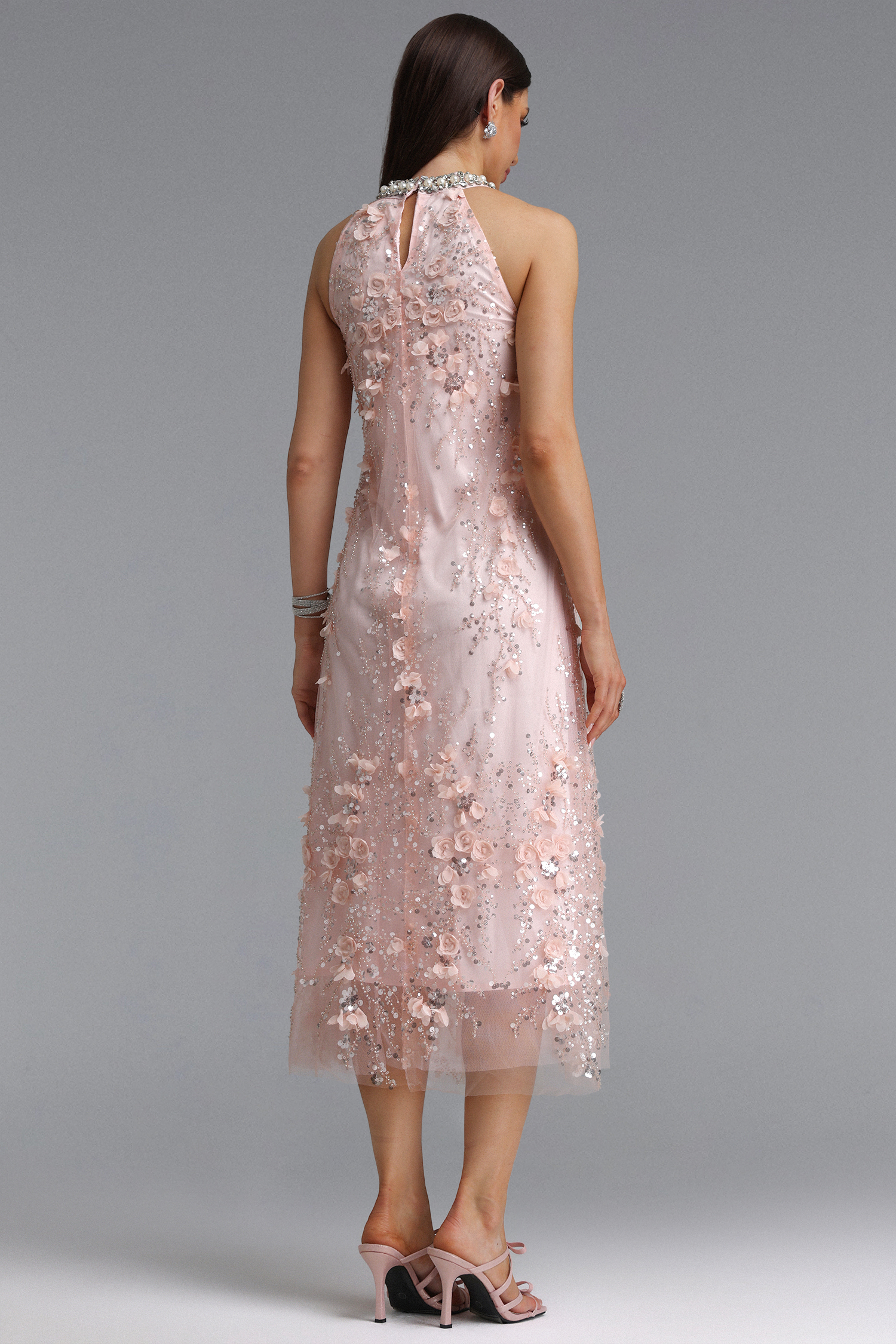Maura Exquisite Youthful Sleeveless Floral Sequin Embroidery Tulle Maxi Dress