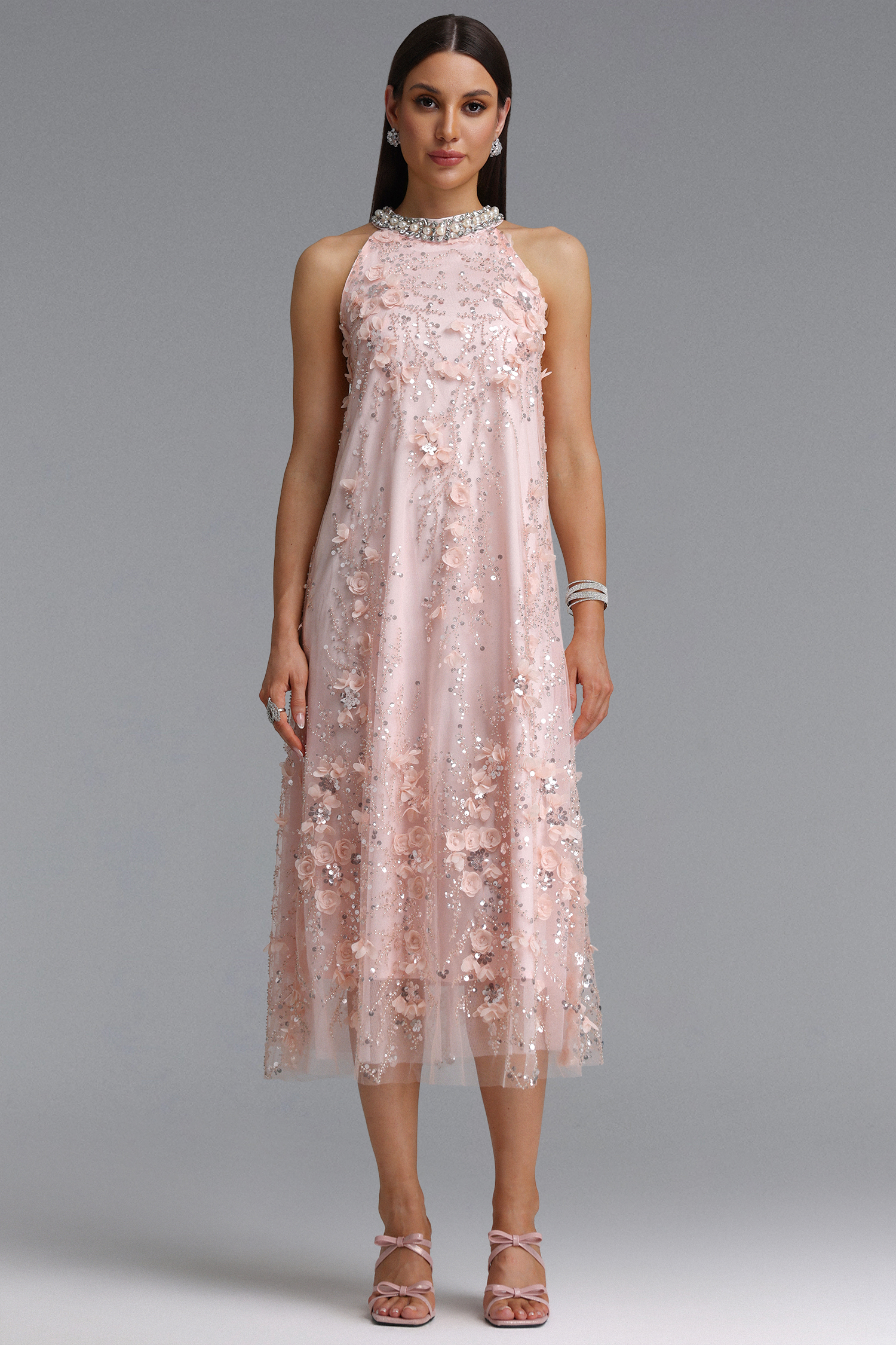 Maura Exquisite Youthful Sleeveless Floral Sequin Embroidery Tulle Maxi Dress