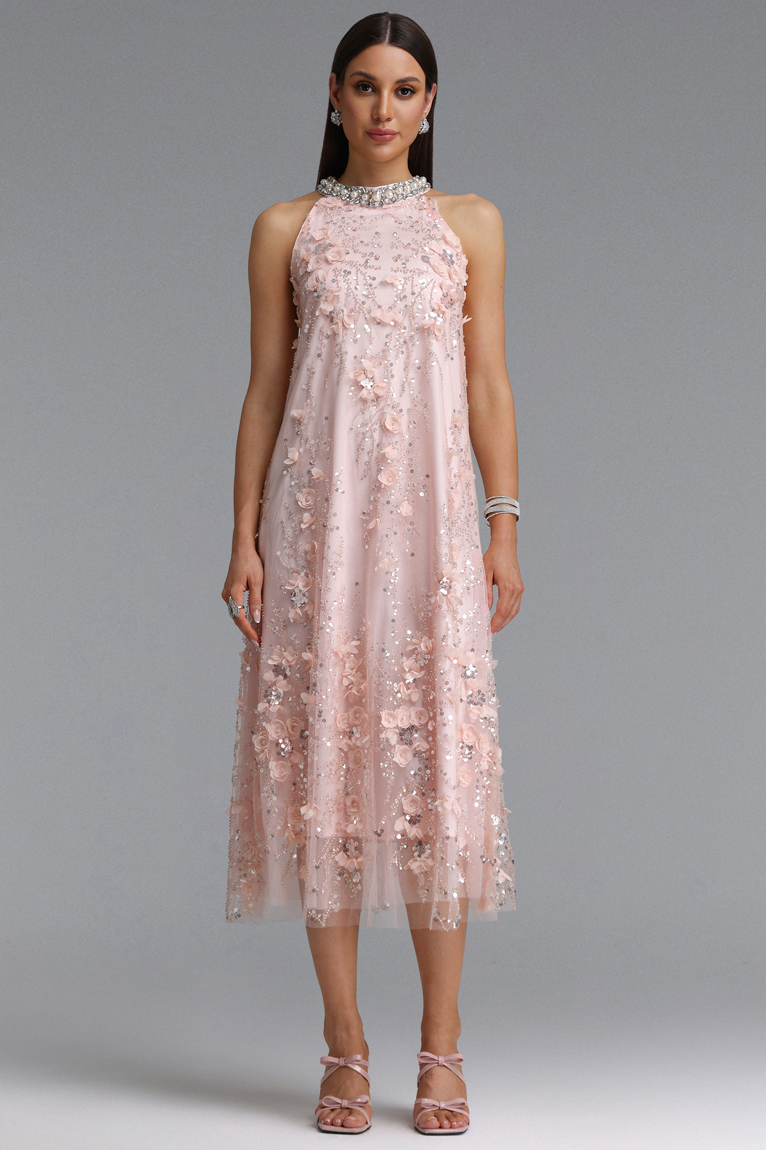 Maura Exquisite Youthful Sleeveless Floral Sequin Embroidery Tulle Maxi Dress