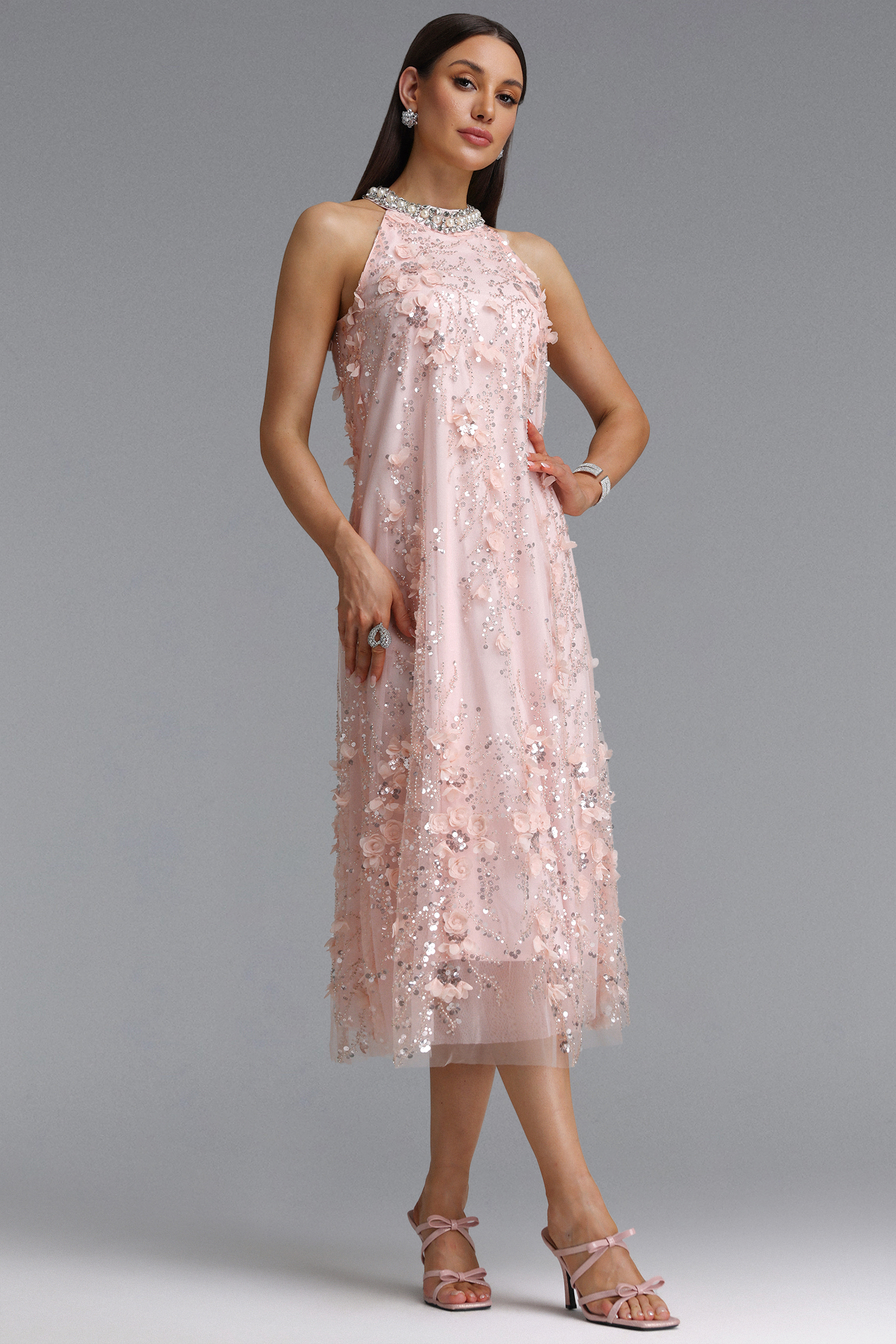 Maura Exquisite Youthful Sleeveless Floral Sequin Embroidery Tulle Maxi Dress