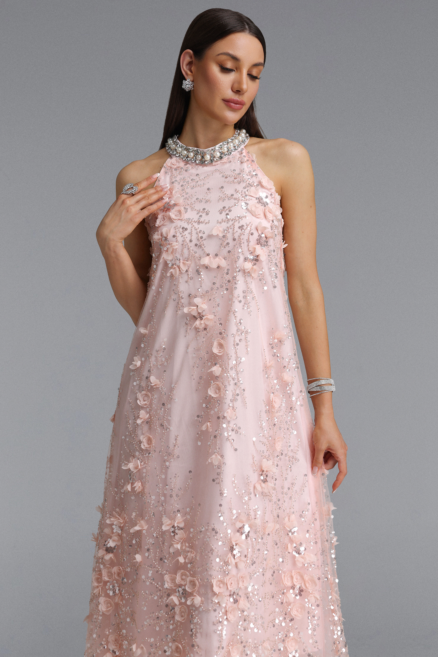 Maura Exquisite Youthful Sleeveless Floral Sequin Embroidery Tulle Maxi Dress