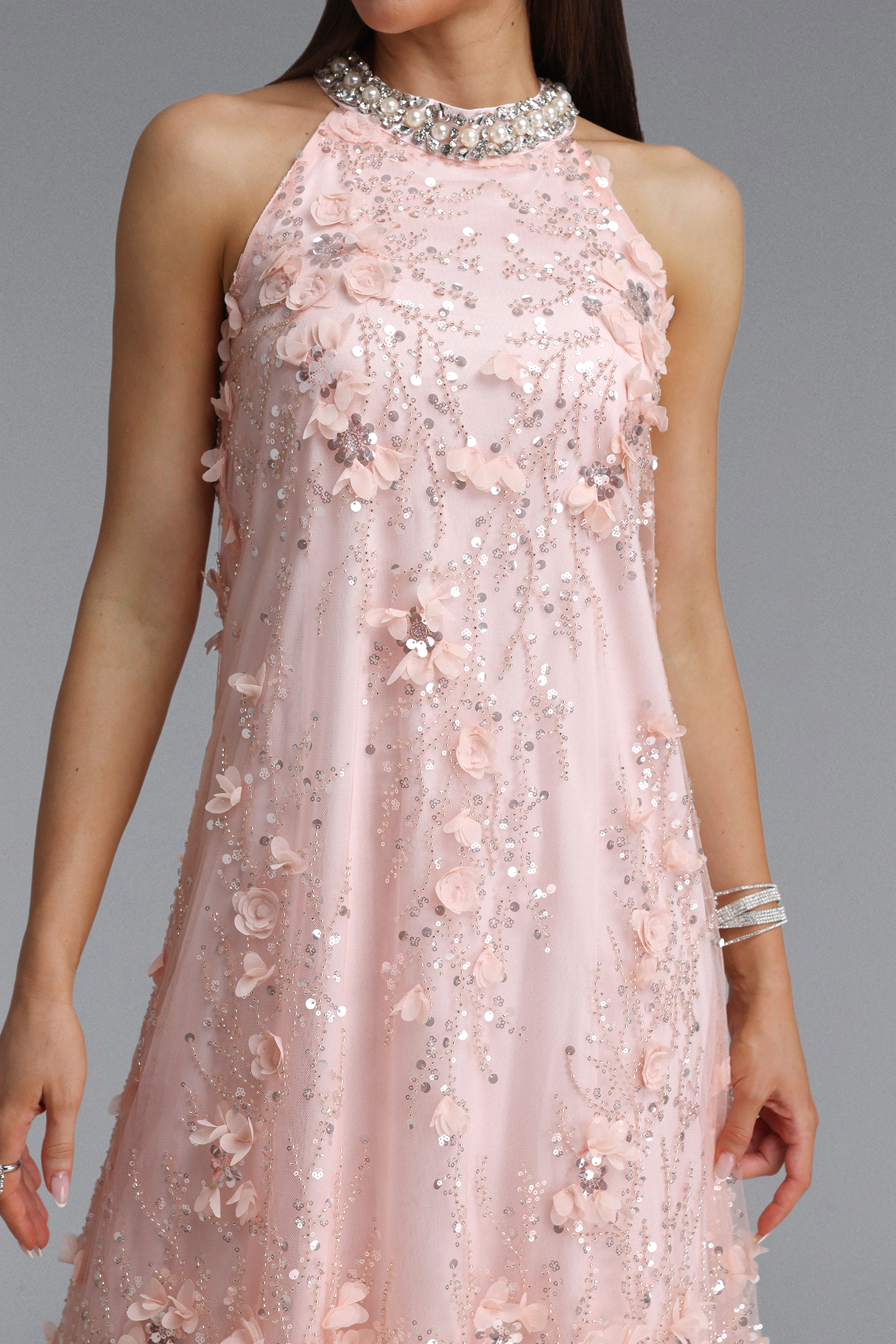 Maura Exquisite Youthful Sleeveless Floral Sequin Embroidery Tulle Maxi Dress