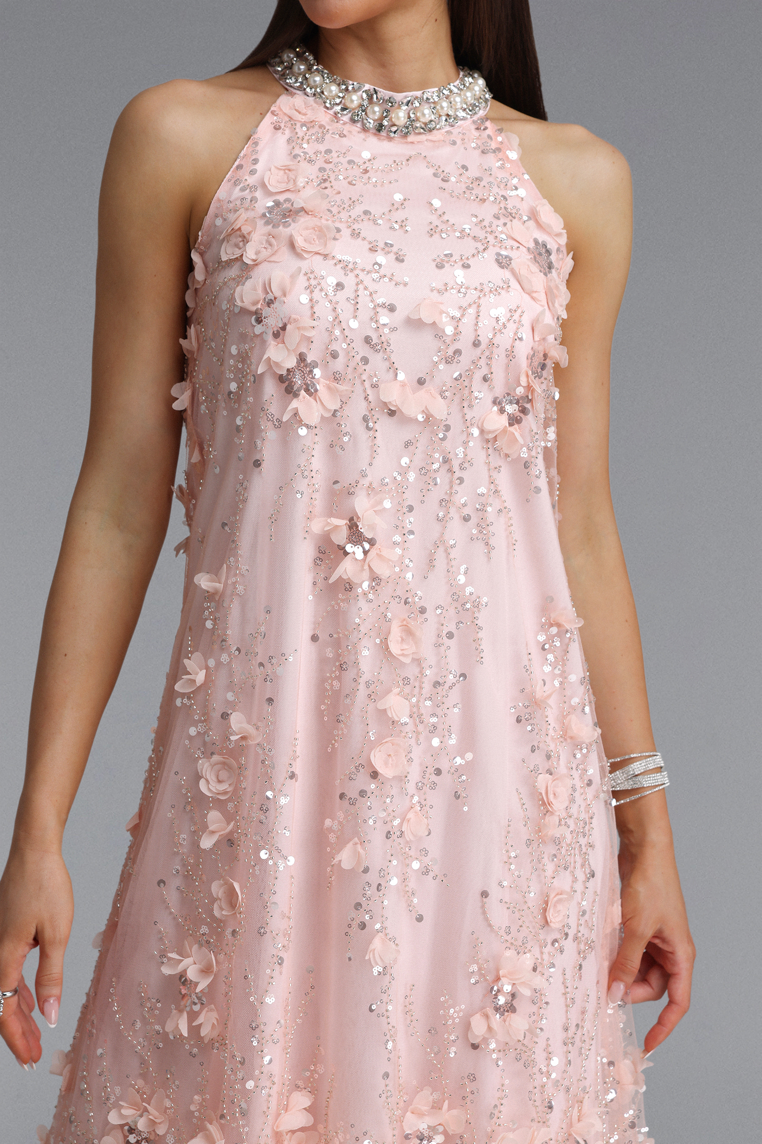 Maura Exquisite Youthful Sleeveless Floral Sequin Embroidery Tulle Maxi Dress