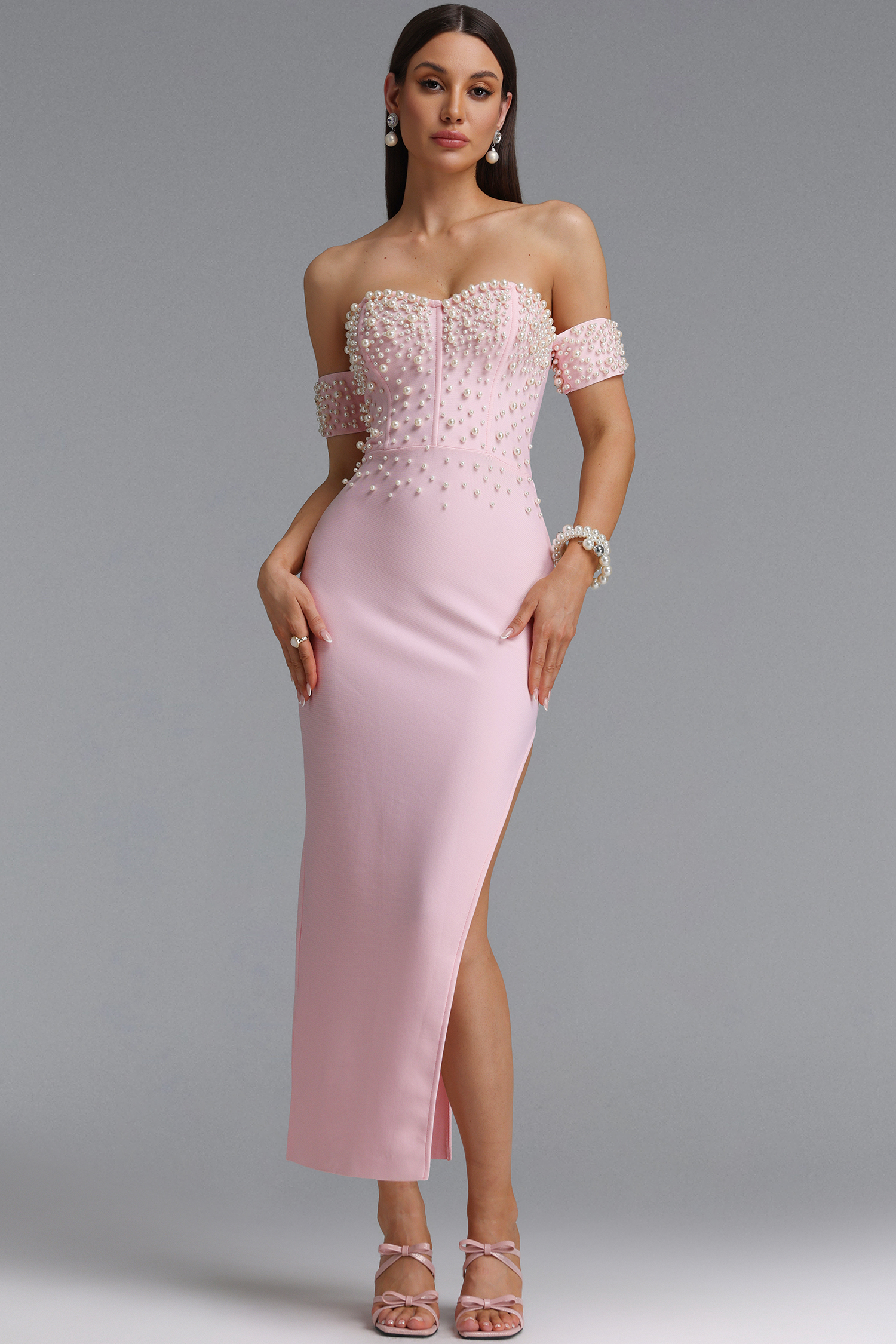 Madge Elegant Contour One Shoulder Pearl Bandage Maxi Dress