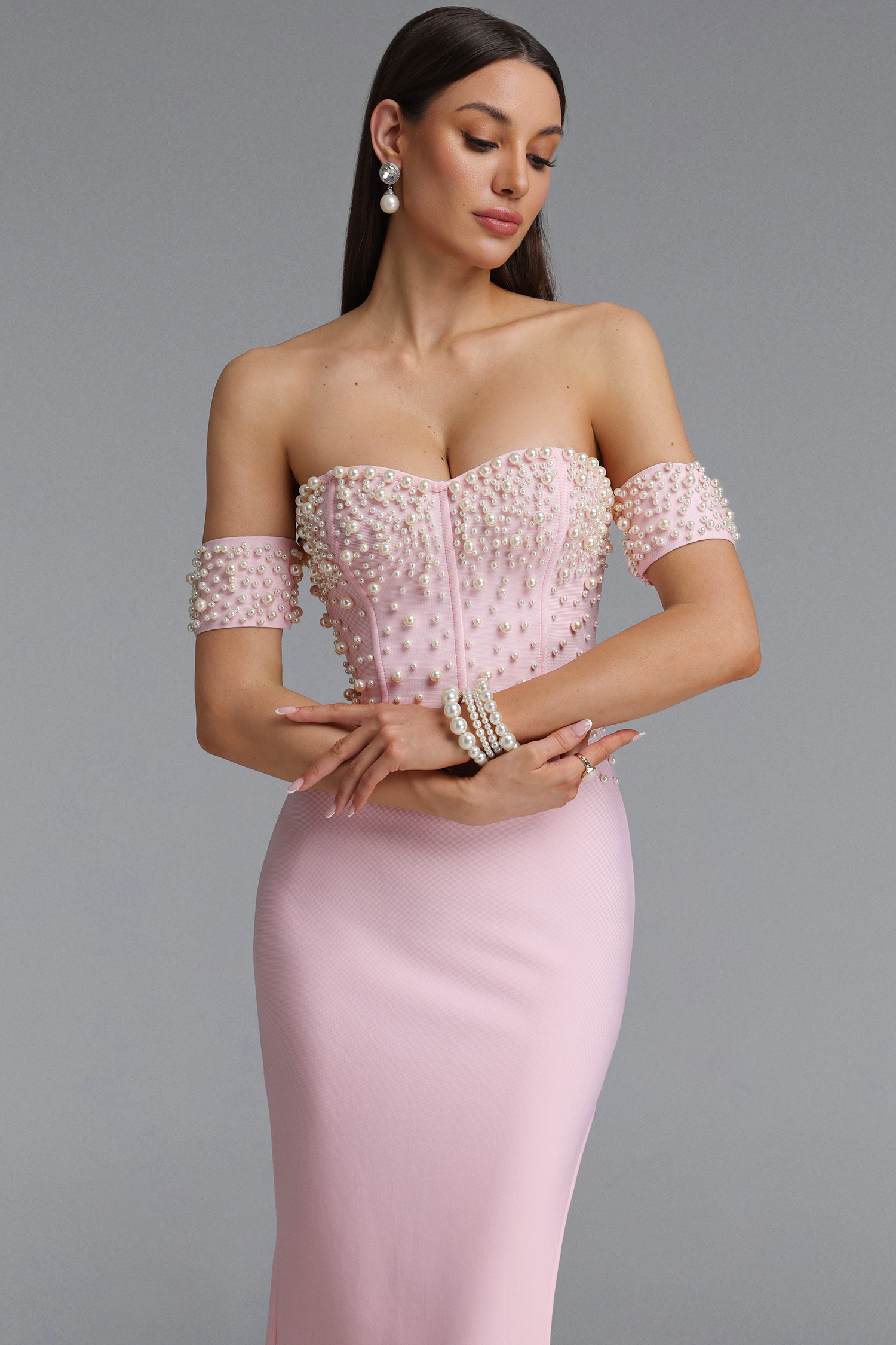 Madge Elegant Contour One Shoulder Pearl Bandage Maxi Dress