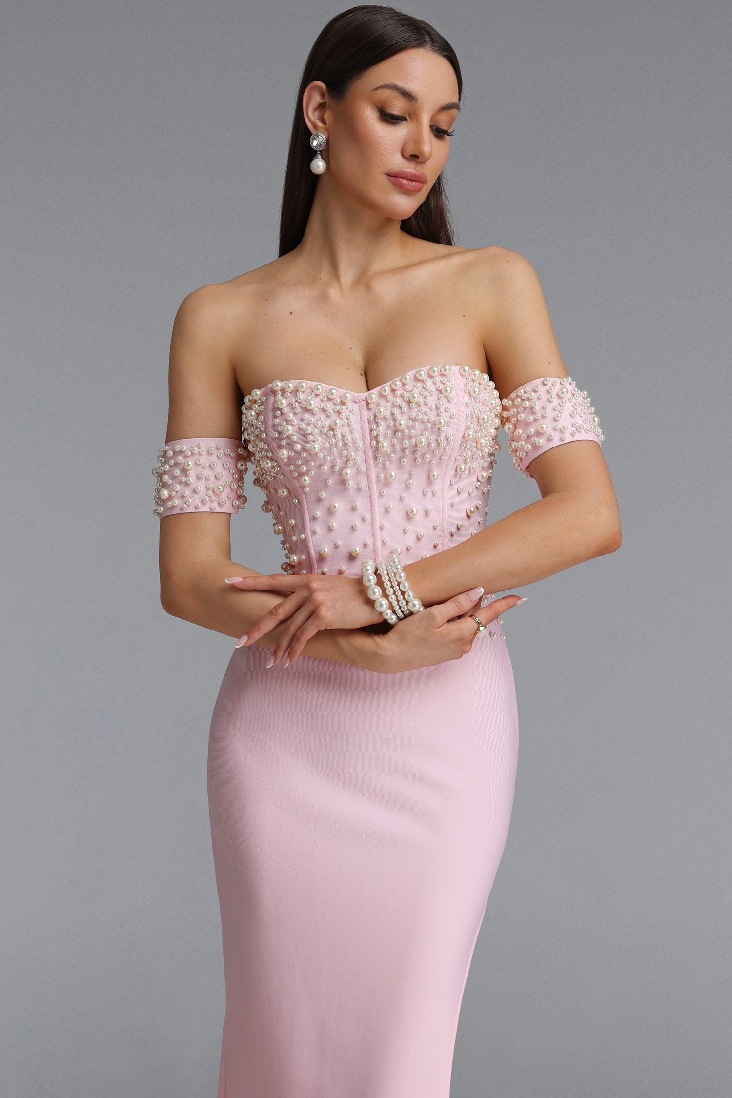Madge Elegant Contour One Shoulder Pearl Bandage Maxi Dress