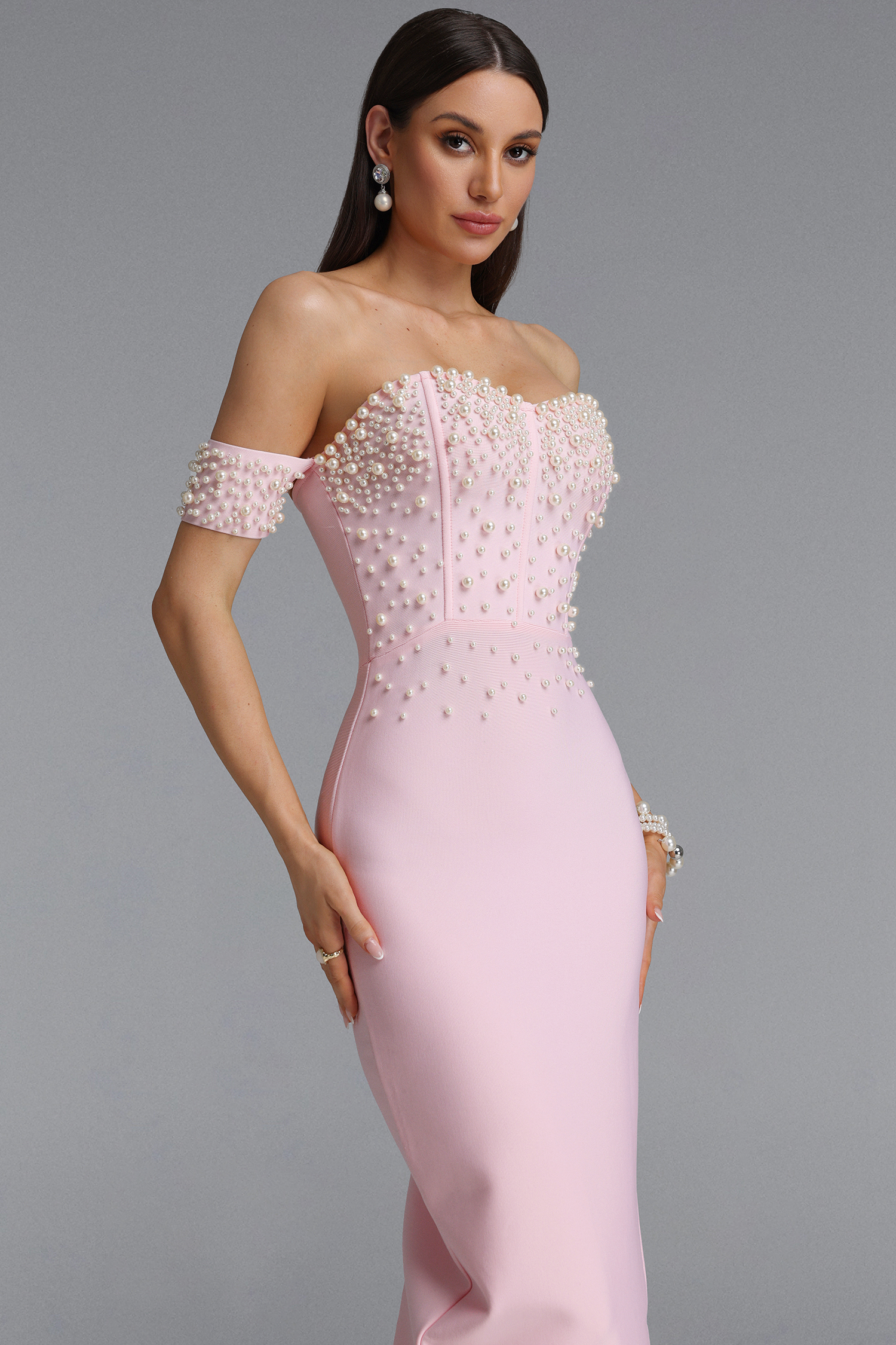 Madge Elegant Contour One Shoulder Pearl Bandage Maxi Dress