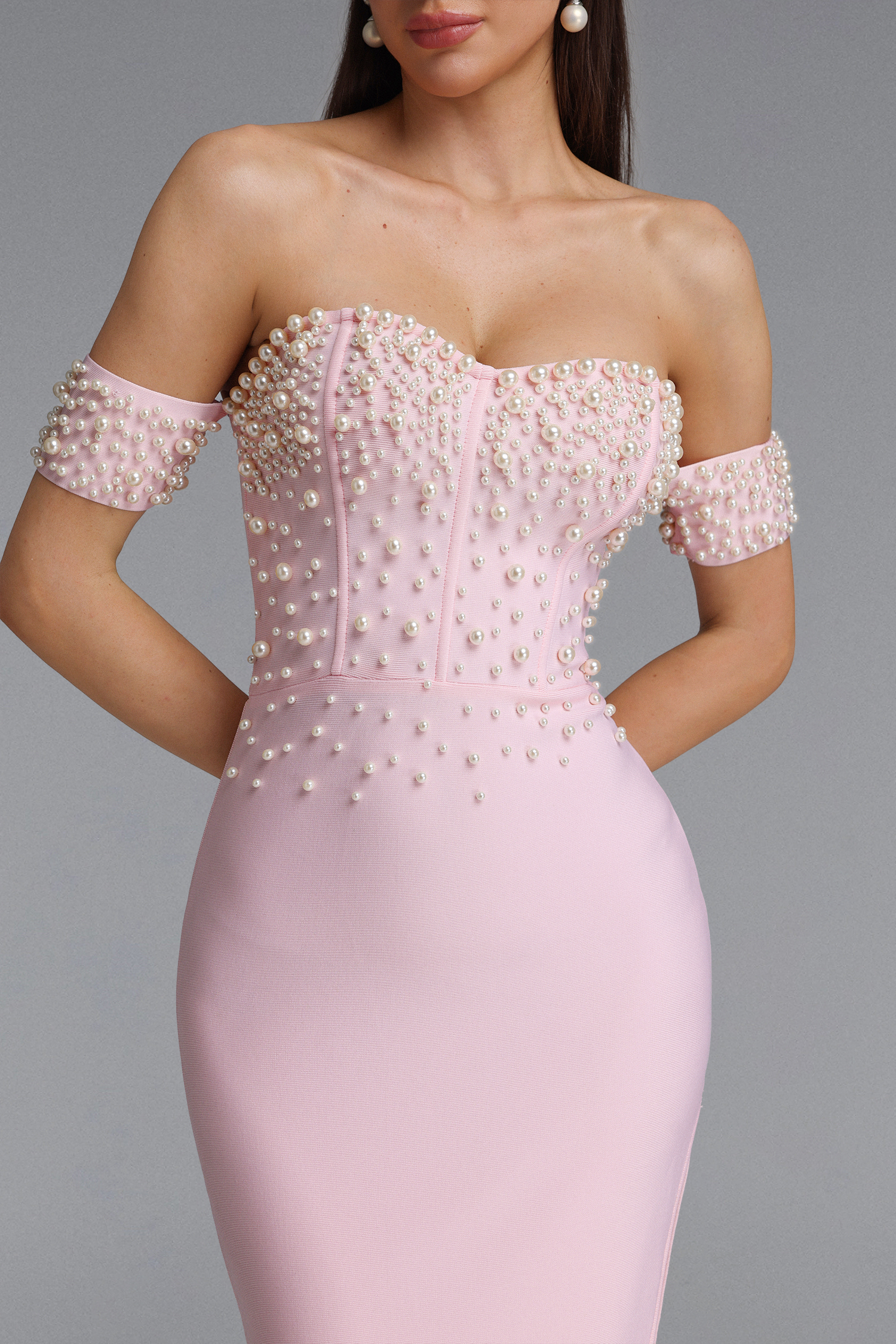 Madge Elegant Contour One Shoulder Pearl Bandage Maxi Dress