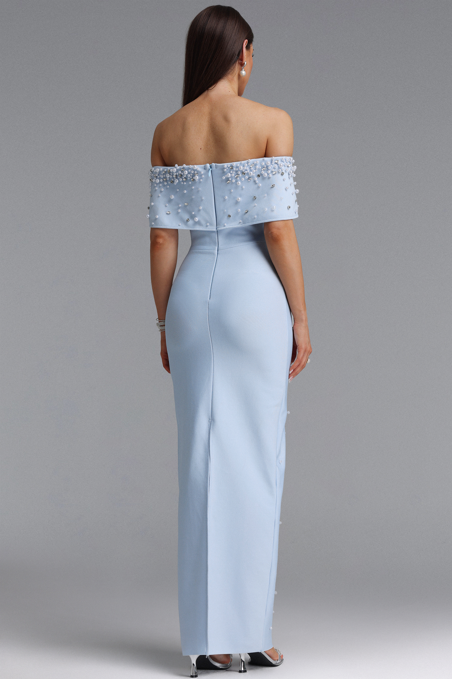 Isme Elegant Contour Off Shoulder Pearl Rhinestone Bandage Maxi Dress