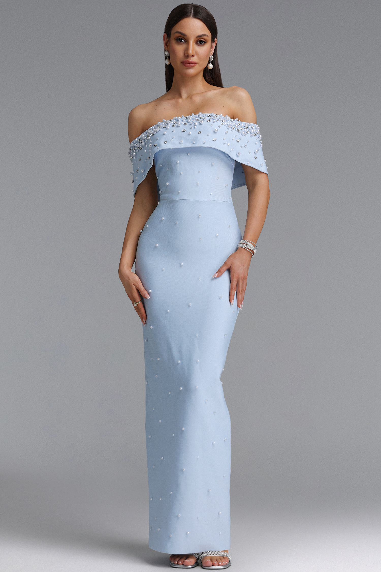 Isme Elegant Contour Off Shoulder Pearl Rhinestone Bandage Maxi Dress