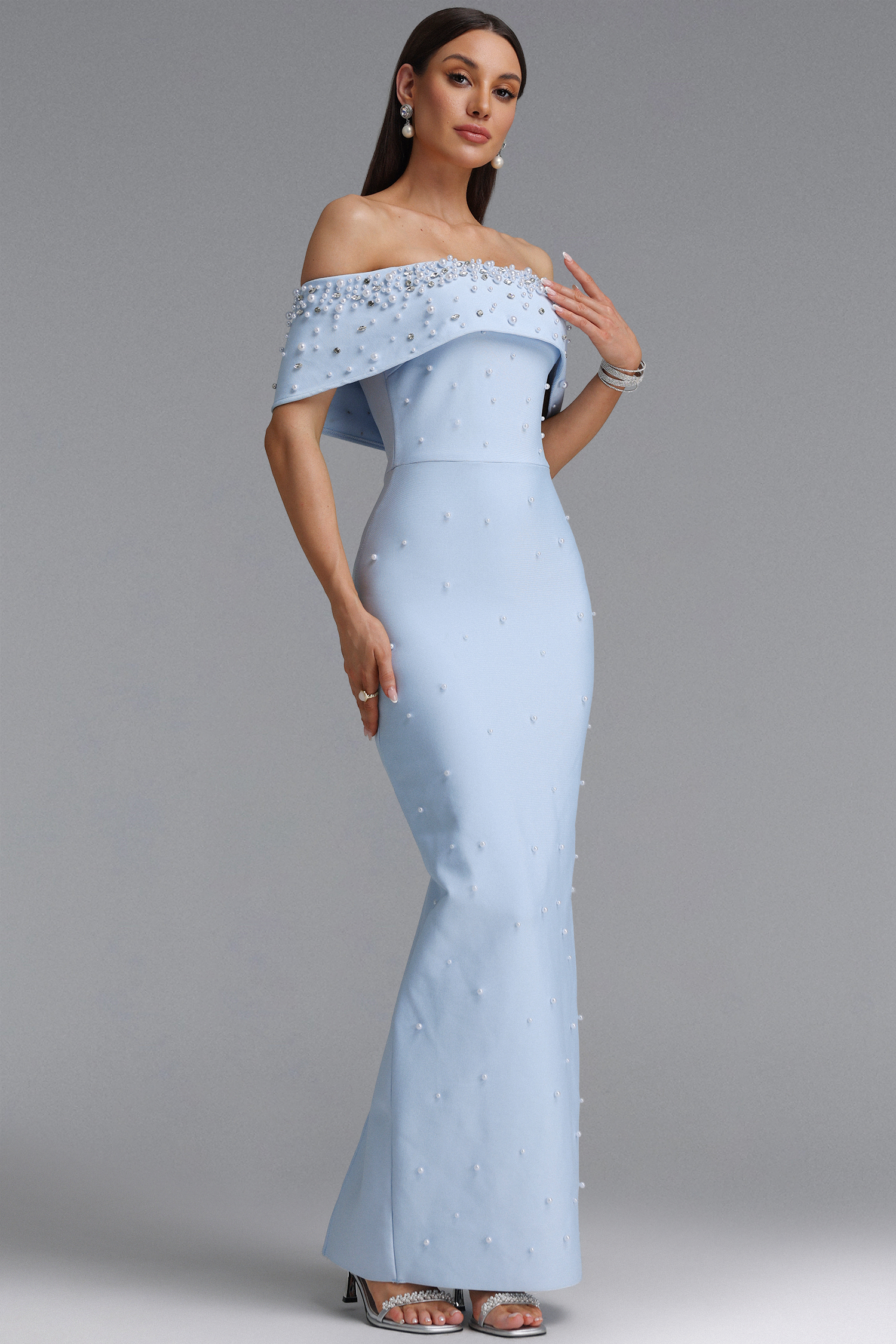 Isme Elegant Contour Off Shoulder Pearl Rhinestone Bandage Maxi Dress