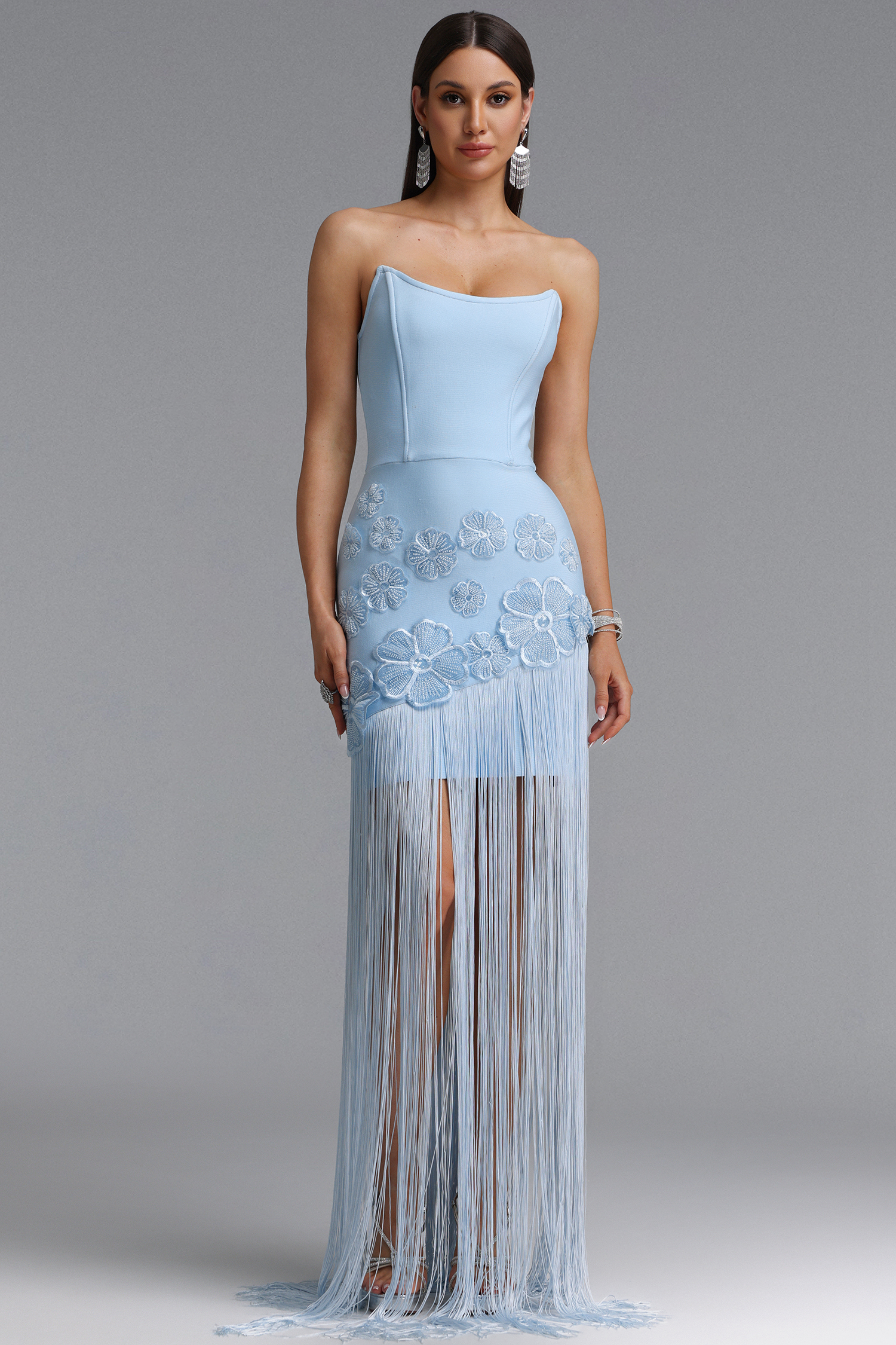 blue strapless bandage dress Ezgi Chic Contour Floral Fringe Maxi – Bellabarnett Size:3M Prom Gowns Graduation Dresses features_Easy On this maxi dress pairs