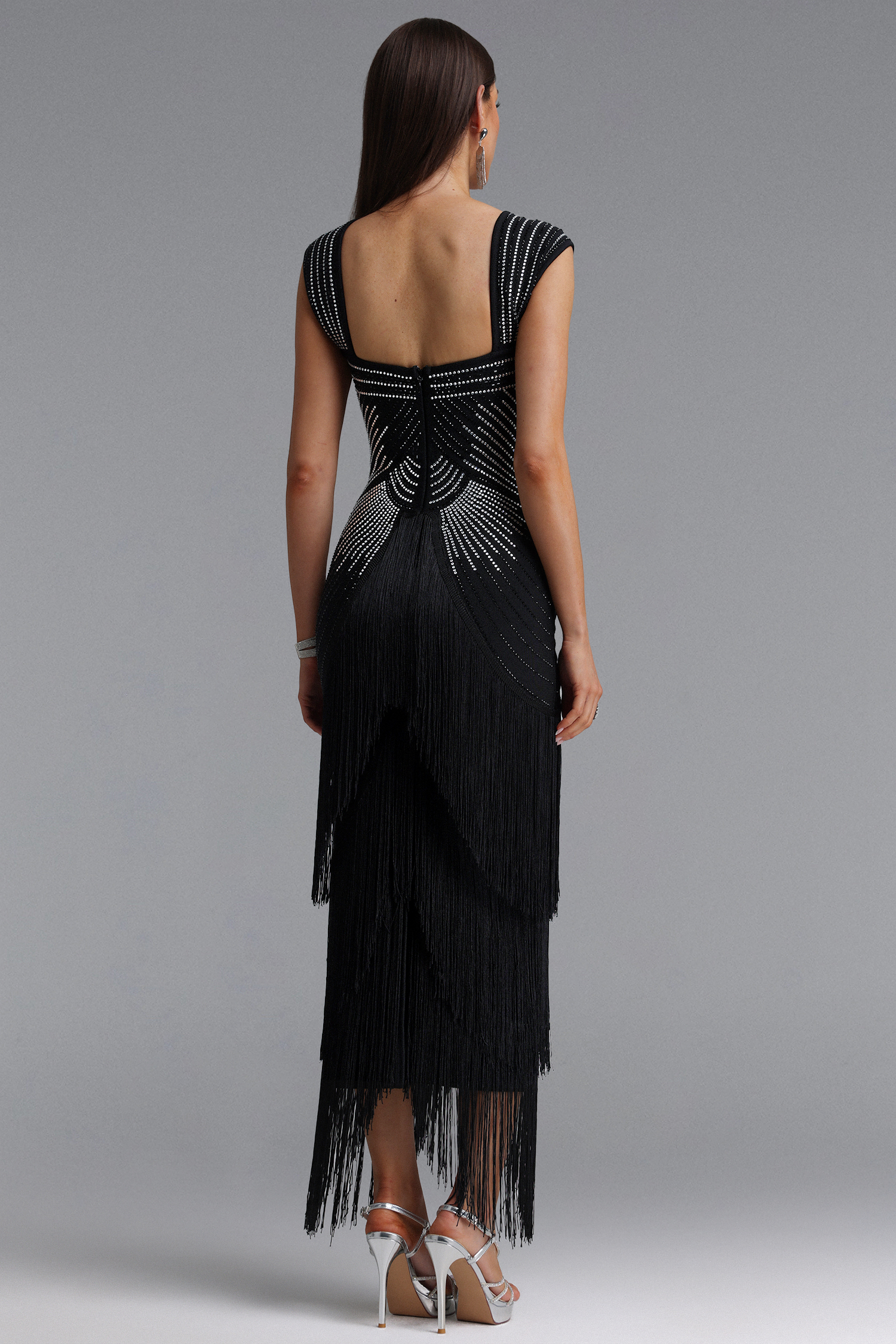 Hatice Square Neck Rhinestone Fringe Black Bandage Maxi Dress