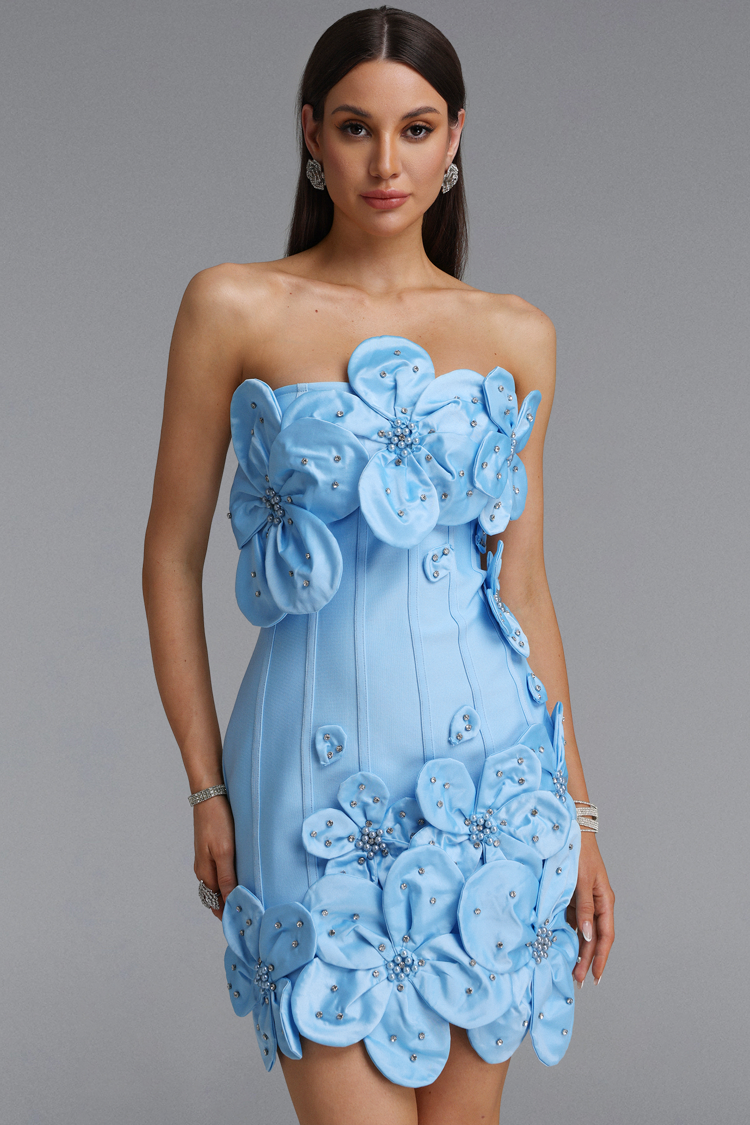Janneth　Exquisite Fitted Strapless Rhinestone Floral Blue Mini Bandage Dress