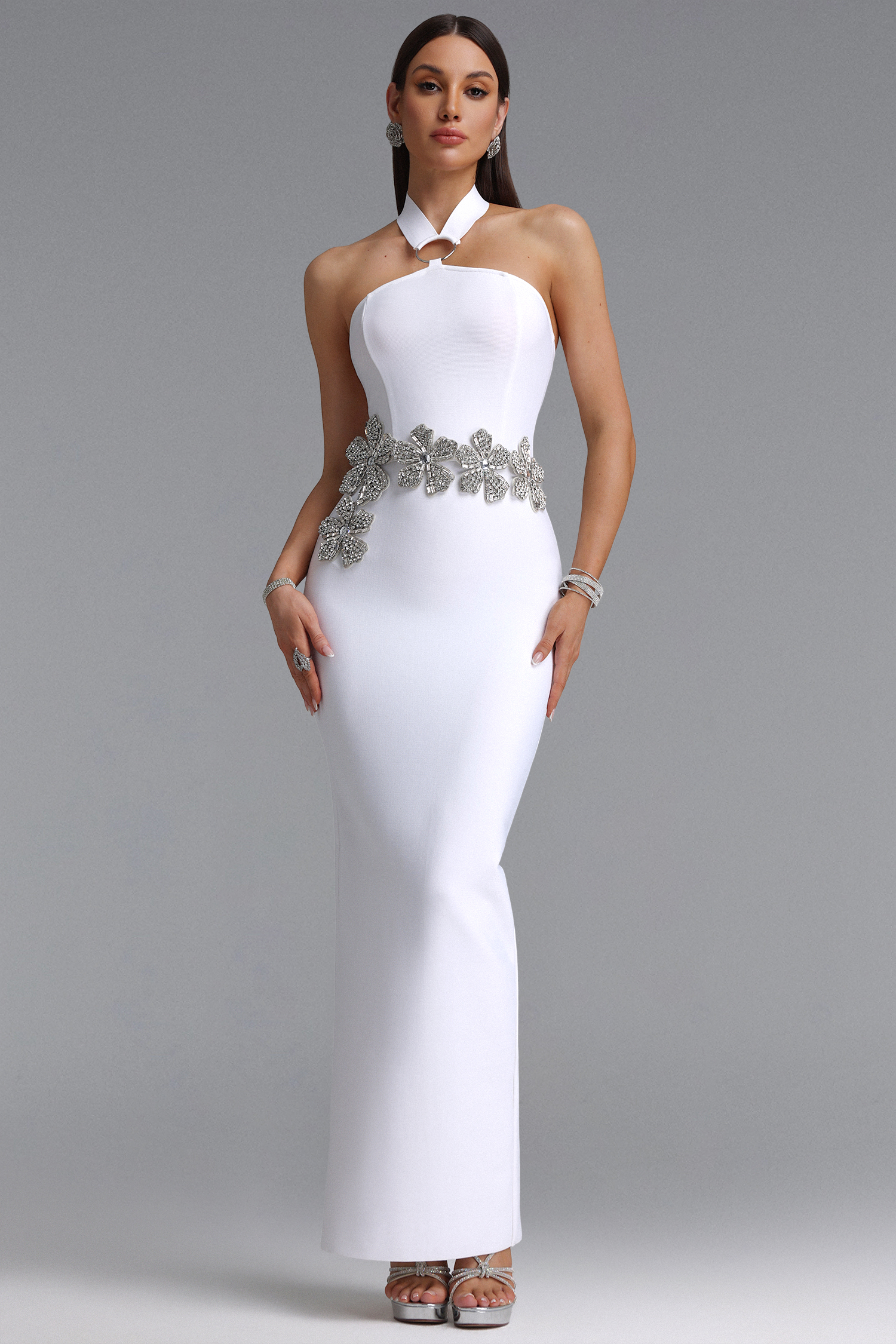 Trinaco Elegant Contour Halter Floral Rhinestone Bandage Maxi Dress