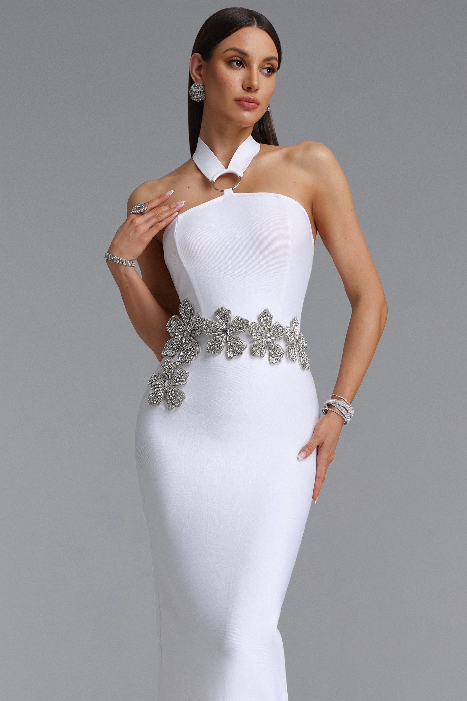 Trinaco Elegant Contour Halter Floral Rhinestone Bandage Maxi Dress