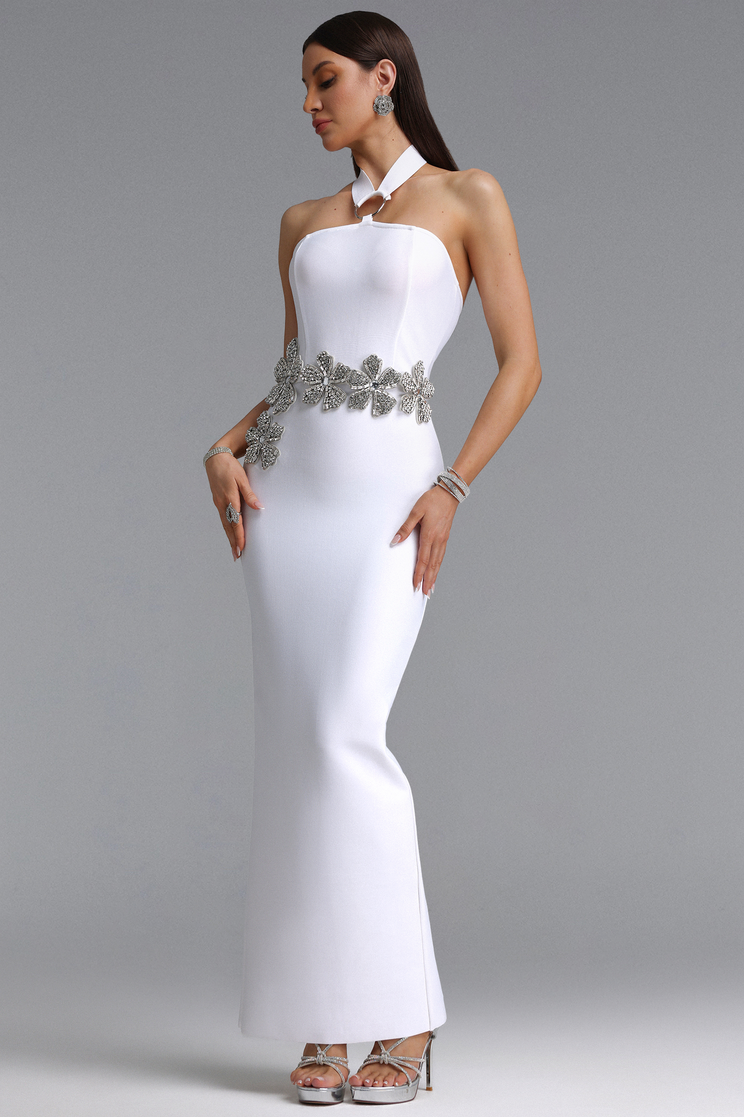 Trinaco Elegant Contour Halter Floral Rhinestone Bandage Maxi Dress