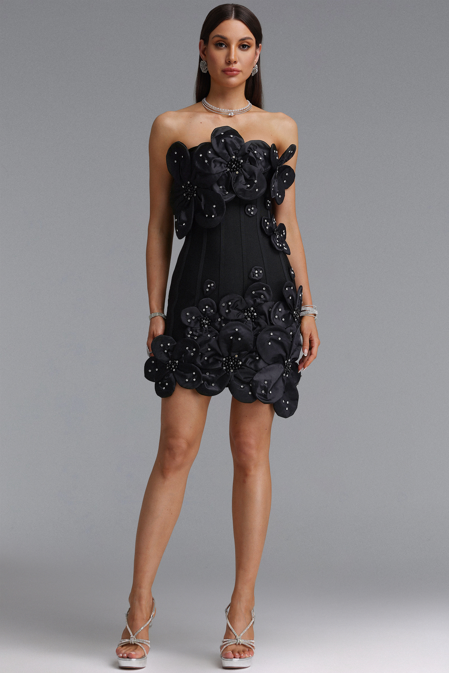 Janneth　Exquisite Fitted Strapless Rhinestone Floral Black Mini Bandage Dress