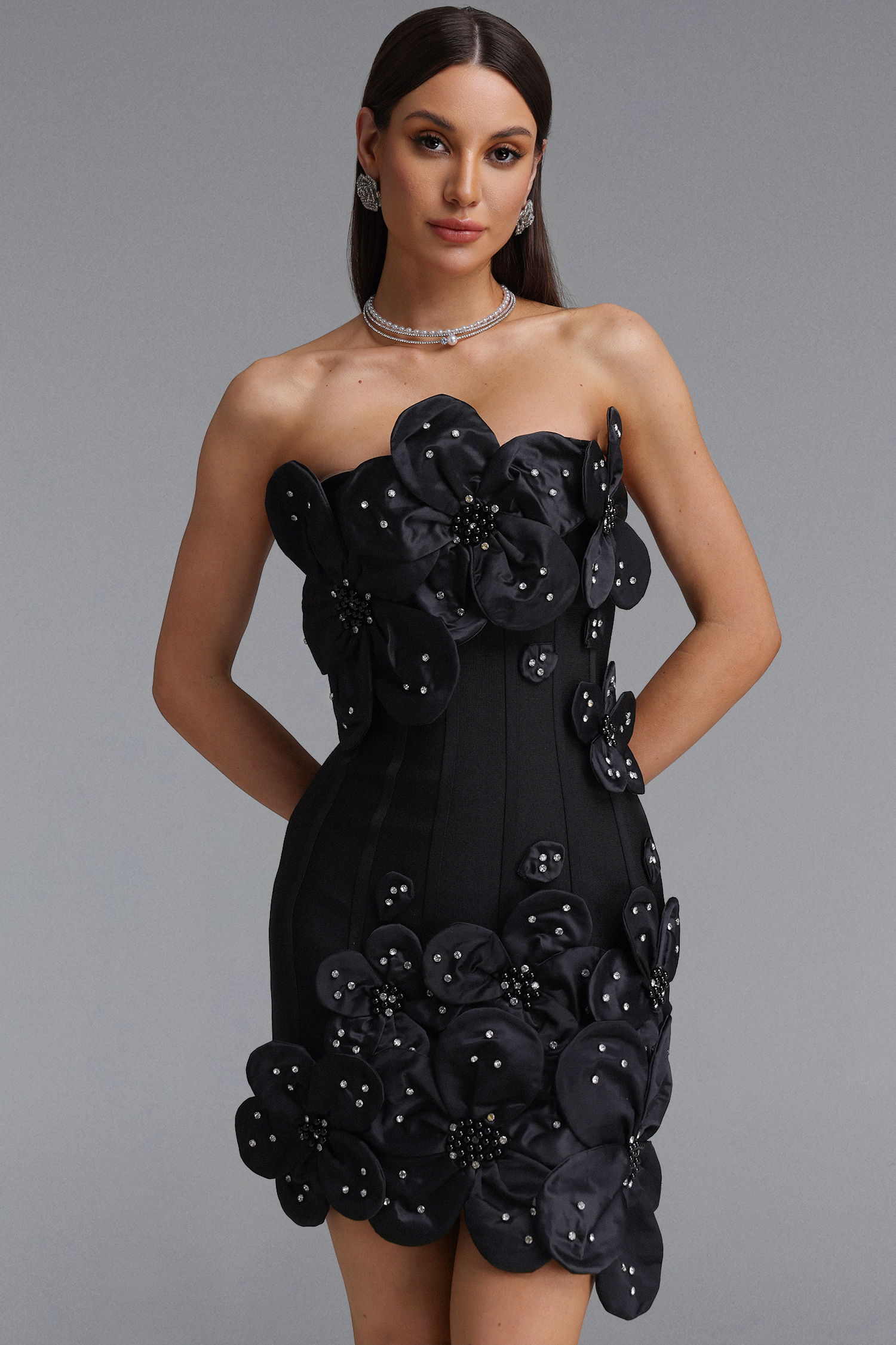 Janneth Exquisite Fitted Strapless Rhinestone Floral Black Mini Bandage Dress